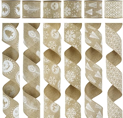 MEEDEE - Cintas de Navidad de 2.5 pulgadas, 6 rollos, 36 yardas en total, arpillera blanca con alambre y diseño blanco, para decoración de árbol de