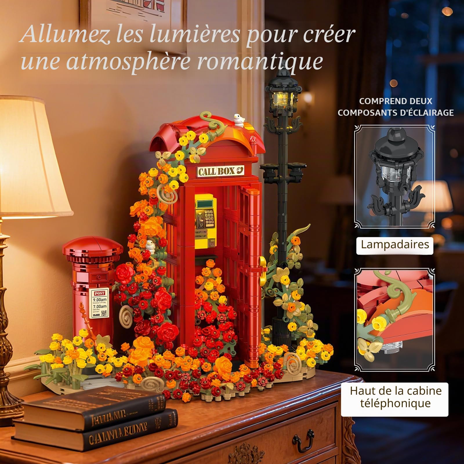 MEIEST Ensemble de blocs de construction de cabine téléphonique londonienne rouge pour adultes, idées de fleurs, cabine téléphonique, boîte aux lettres et lampadaires, cadeau créatif pour la maison