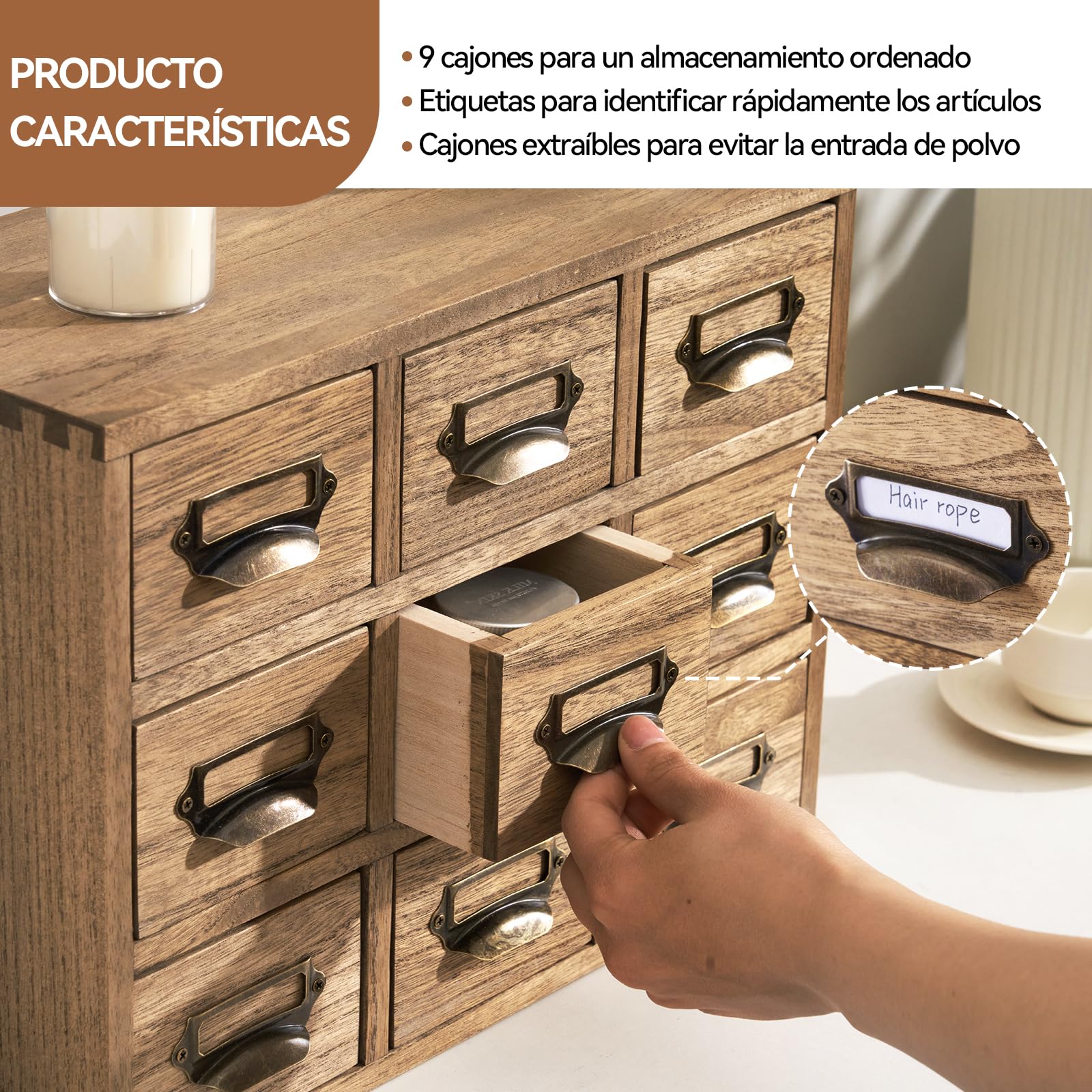 KIRIGEN Cajonera de Madera, Caja de Escritorio, 9 Cajones, Marrón Oscuro | Paulonia maciza; 36 x 16 x 26,6 cm; tiradores metálicos; clasifica material de oficina y objetos pequeños