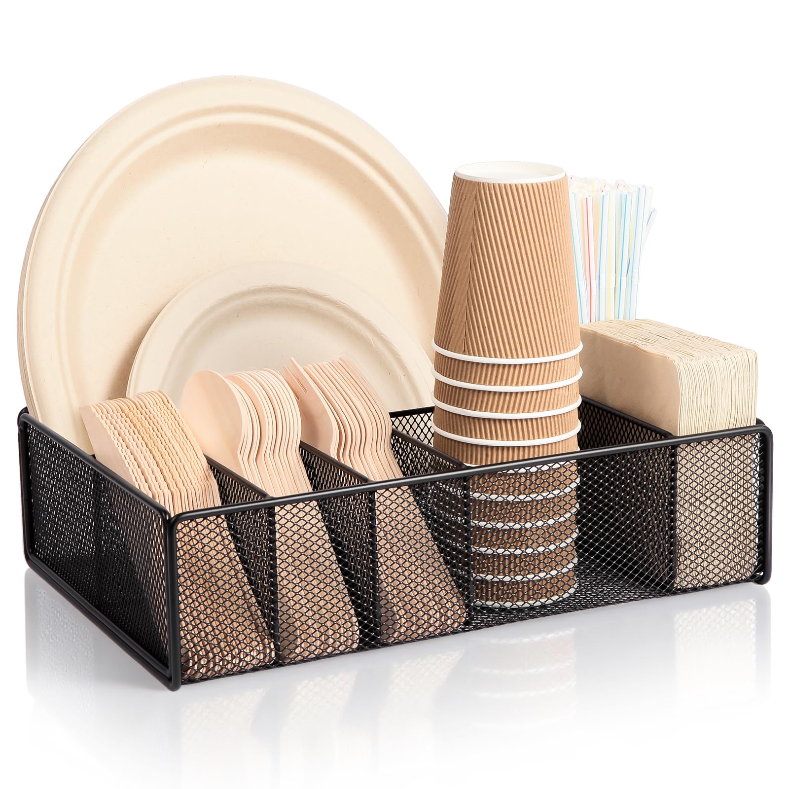 Paper plate organizer for Kitchen Countertop,Flatware Utensil Caddy,Silverware Caddy,Utensil Holder Organizer with 6 Compartments for for Kitchen,Picnic,Indoor/Outdoor Dinner Parties,BBQ Black