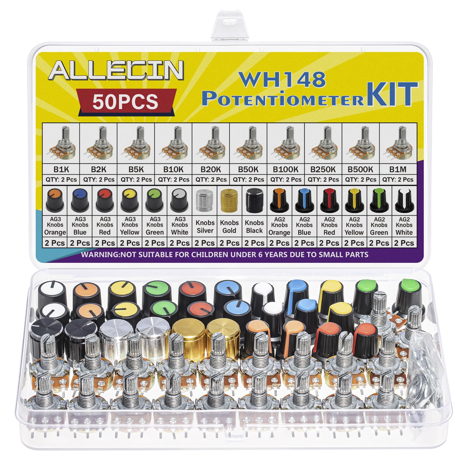 ALLECIN 80Pcs WH148 Potentiometer Kit 1K 2K 5K 10K 20K 50K 100K 250K 500K 1MK Ohm 15mm Shaft Single-Joint Linear Potentiometers 3Pins Set Variable Resistors with Plum Knob Cap and Aluminum Alloy Knobs