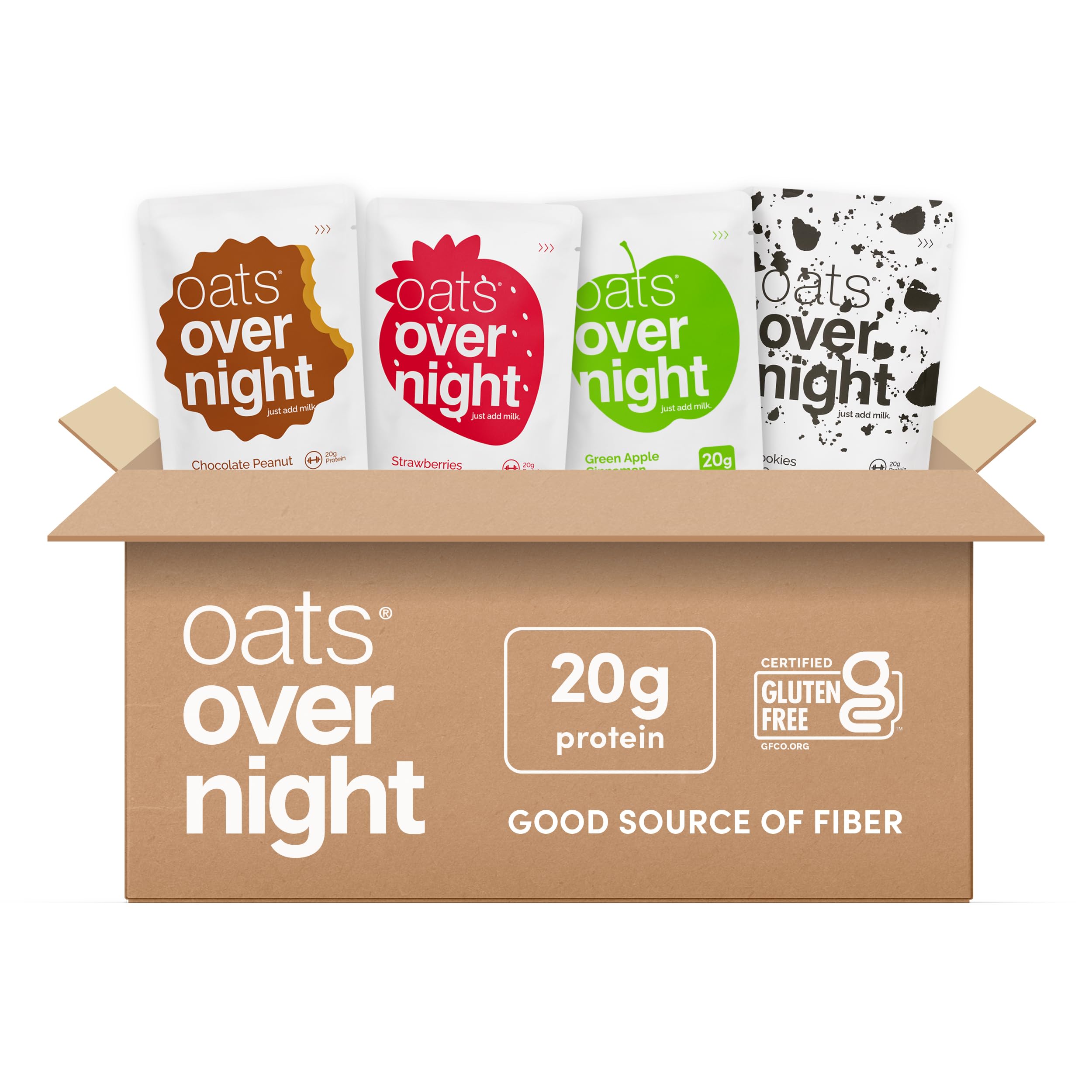Oats OvernightClassic Variety Pack High Protein, High Fiber Breakfast Shake - Gluten Free, Non GMO Oatmeal Strawberries & Cream, Green Apple Cinnamon & More (8 Pack)
