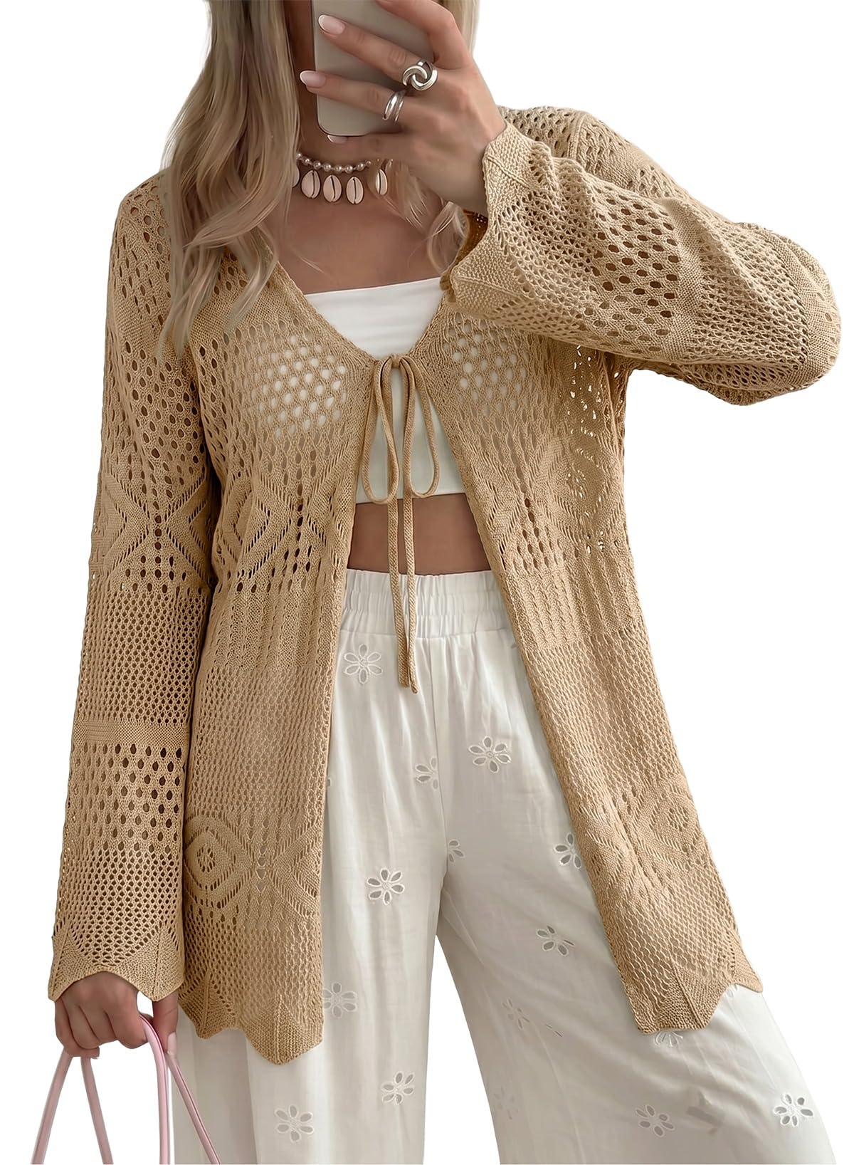 Crochet Cardigans for Women Long Sleeve Tie Front Bow Cardigan Sweaters Hollow Out Knit Summer Beach Vacation Coverups-image-44