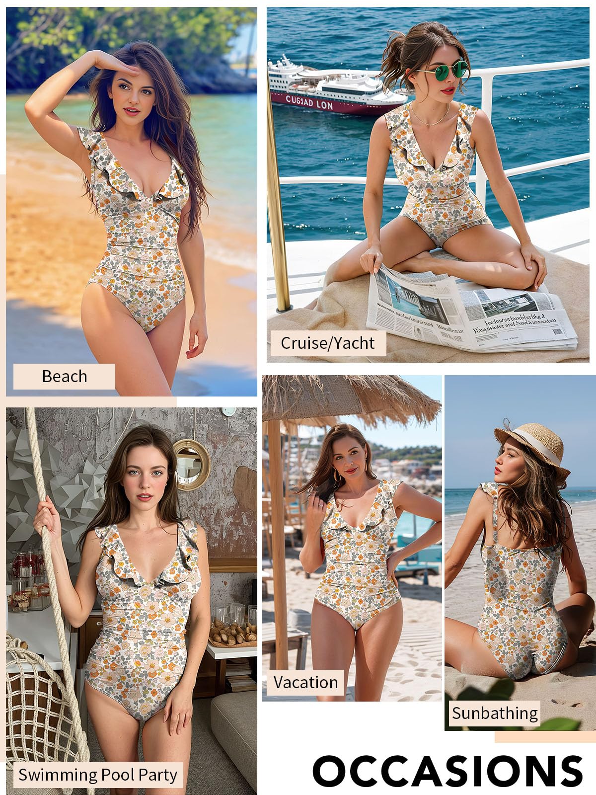 SHAPERIN Femme Maillot de Bain Une Pièce Ventre Plat Maillot de Bain à Volant Ruched Monokini Amincissante Swimsuit Col V Profond