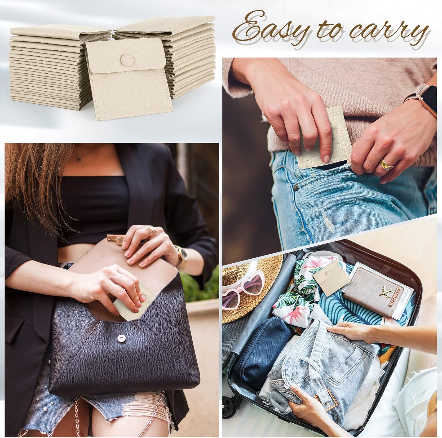 Cunno 120 Pack Microfiber Jewelry Pouch with Cleaning Cloth 3.2"x3.2" Jewelry Packaging Bag with Snap Button Bags(Beige)