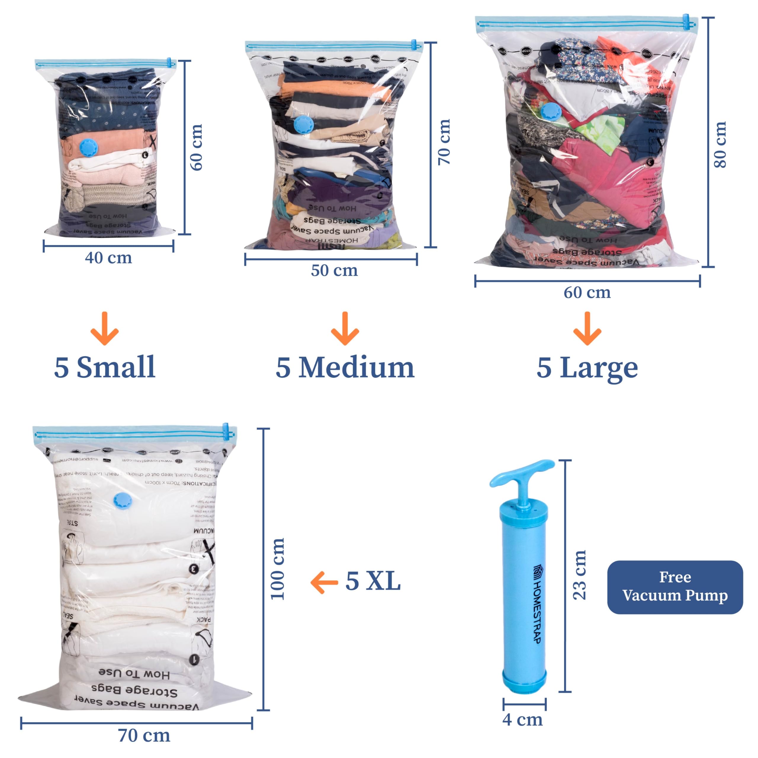 Homestrap Pack of 20 Vacuum Storage Bags with Pump (5XL, 5 Large,5 Medium,5 Small)| Airtight and Reusable Space Saver Double Ziplock Bags with Vacuum Pump|Creates 4X More Space for Clothes/Blankets