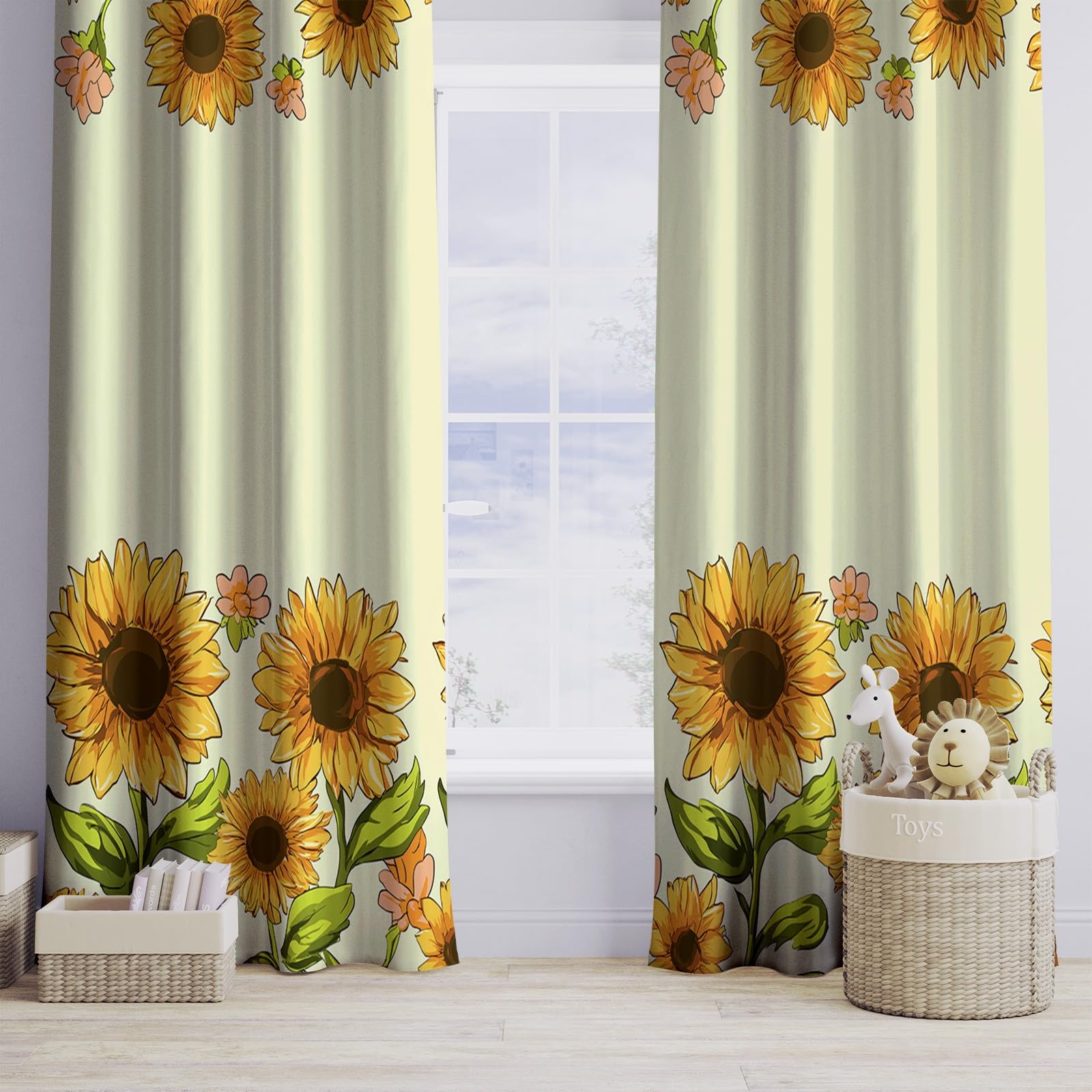 Generisch Sonnenblumenrand 2er Set Verdunkelungsvorhänge mit Ösen, Handgemalt Blickdicht Thermo Isoliert Vorhänge für Wohnzimmer & Schlafzimmer, HxB 166 x 75 cm