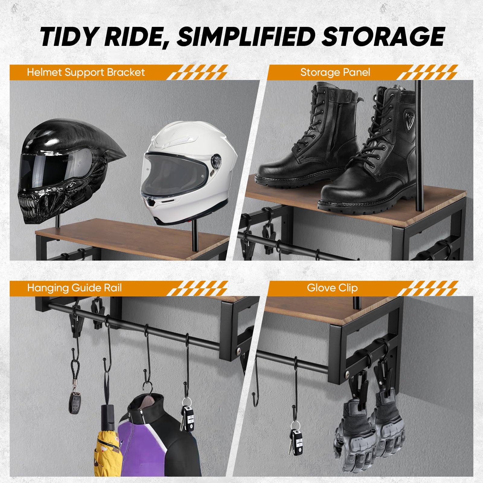 Motorcycle Helmet Holder,20KG Load-bearing Helmet Rack Wall Mount Wall Organizer with 4 Clips and 4 Hooks for Accessories Storage,Versatile Motorbike Helmet Holder for Motorsports/Bike/Sports Stuff - Image 4