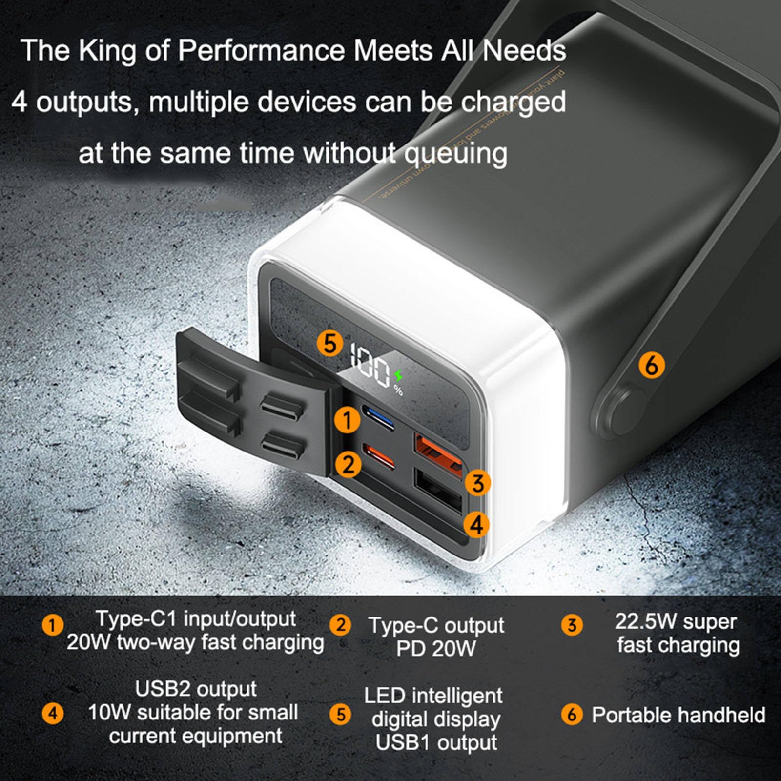 Przenośny Power Bank 40000mAh, 20W + 22,5W Szybkie Ładowanie, Power Bank z Zewnętrznym Światłem LED, do Telefonów Komórkowych, Zestawów Słuchawkowych Bluetooth,Grey