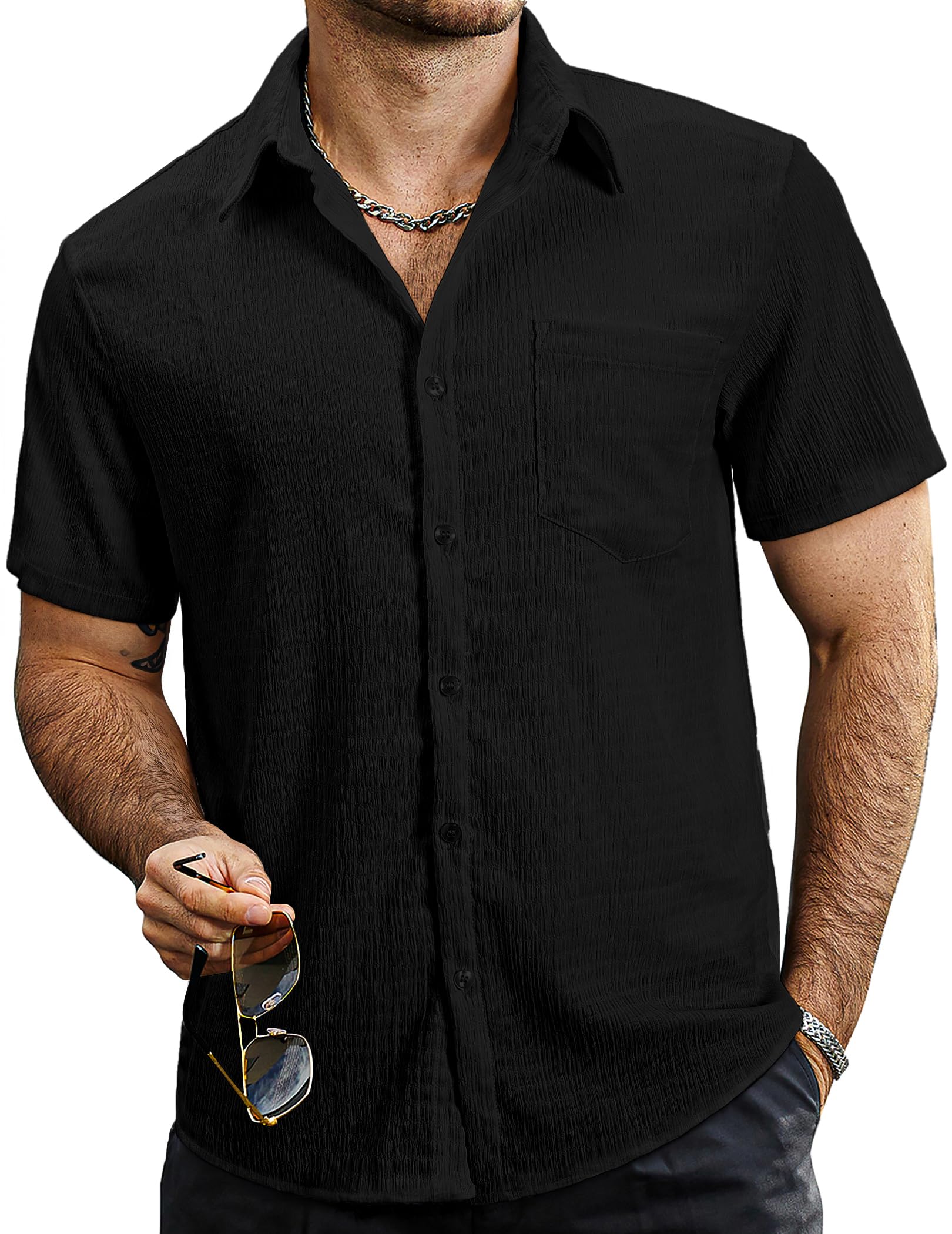 VATPAVE Herren Sommer Gestreifte Hemden Button Down Kurzarm Vintage Strand Hawaii Hemden mit Tasche