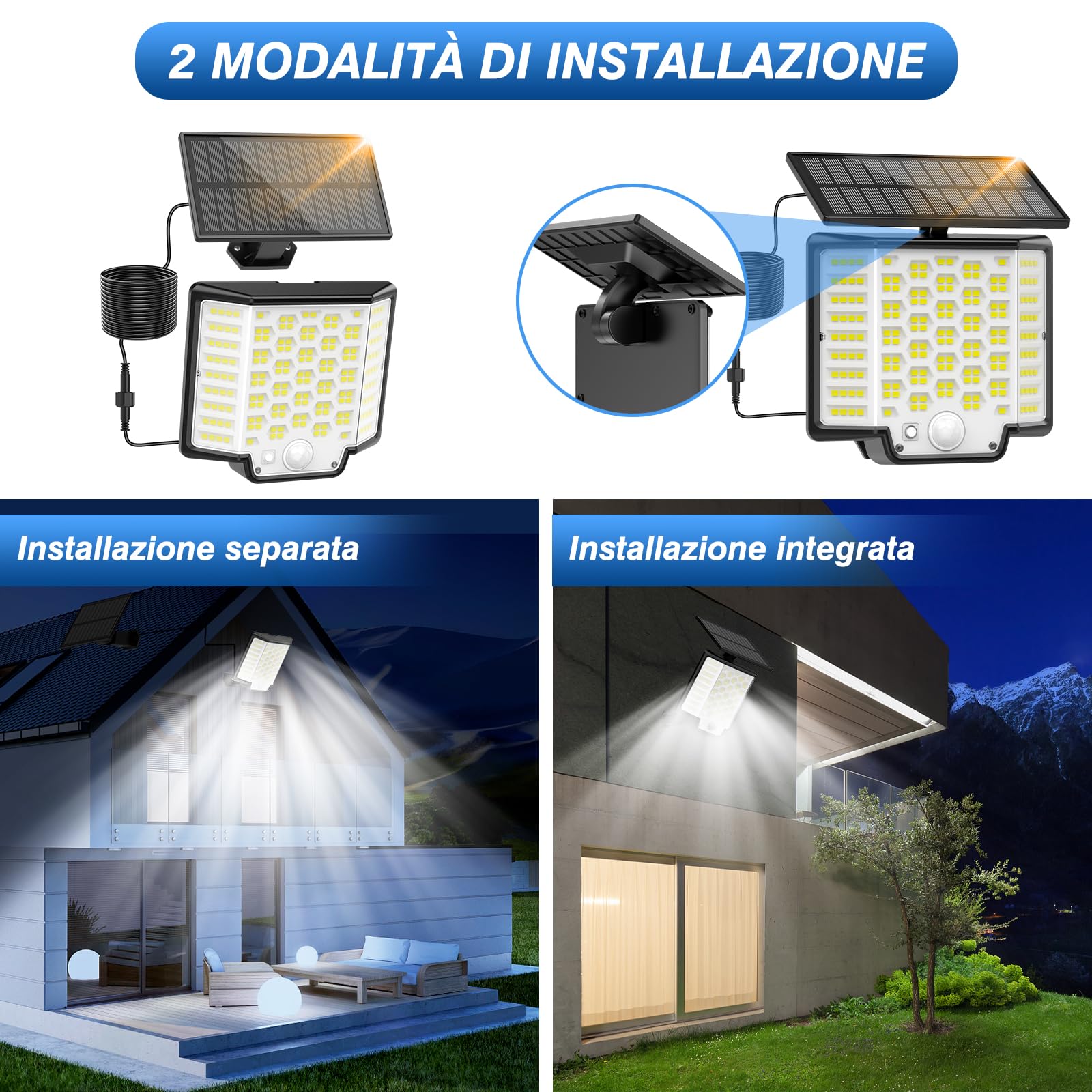 Collasis Luci Solari da Giardino, [186LED/3Modes] Faretto Led da Esterno Solare 270°Illuminazione con Sensore luci da Esterno IP65 Impermeabile Lampade Solari da Giardino per Garage, Pareti-[2 Pezzi]