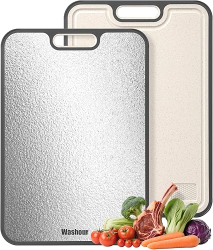Tablas de cortar de acero inoxidable para cocina, tabla de cortar 2 en 1 no tóxica de doble cara, tablas de cortar de grado alimenticio para carne