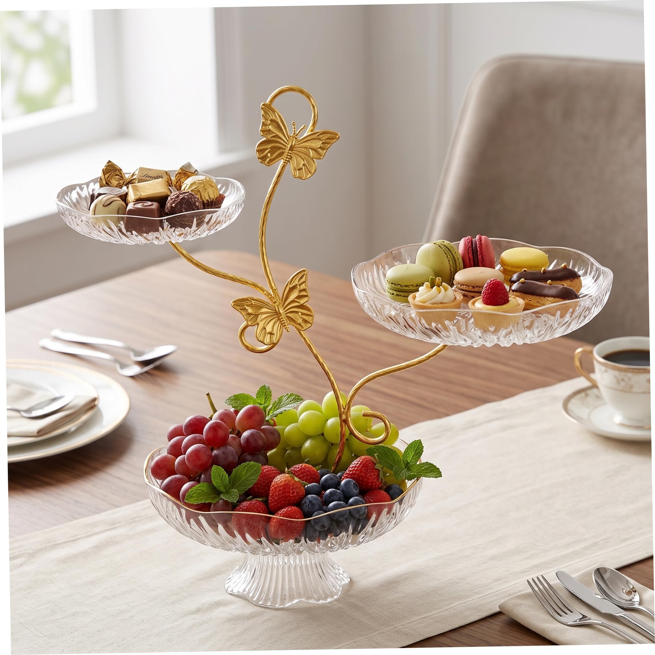 Supporto per cesto di frutta a 3 livelli con 3 piatti trasparenti Elegante supporto per frutta dorato