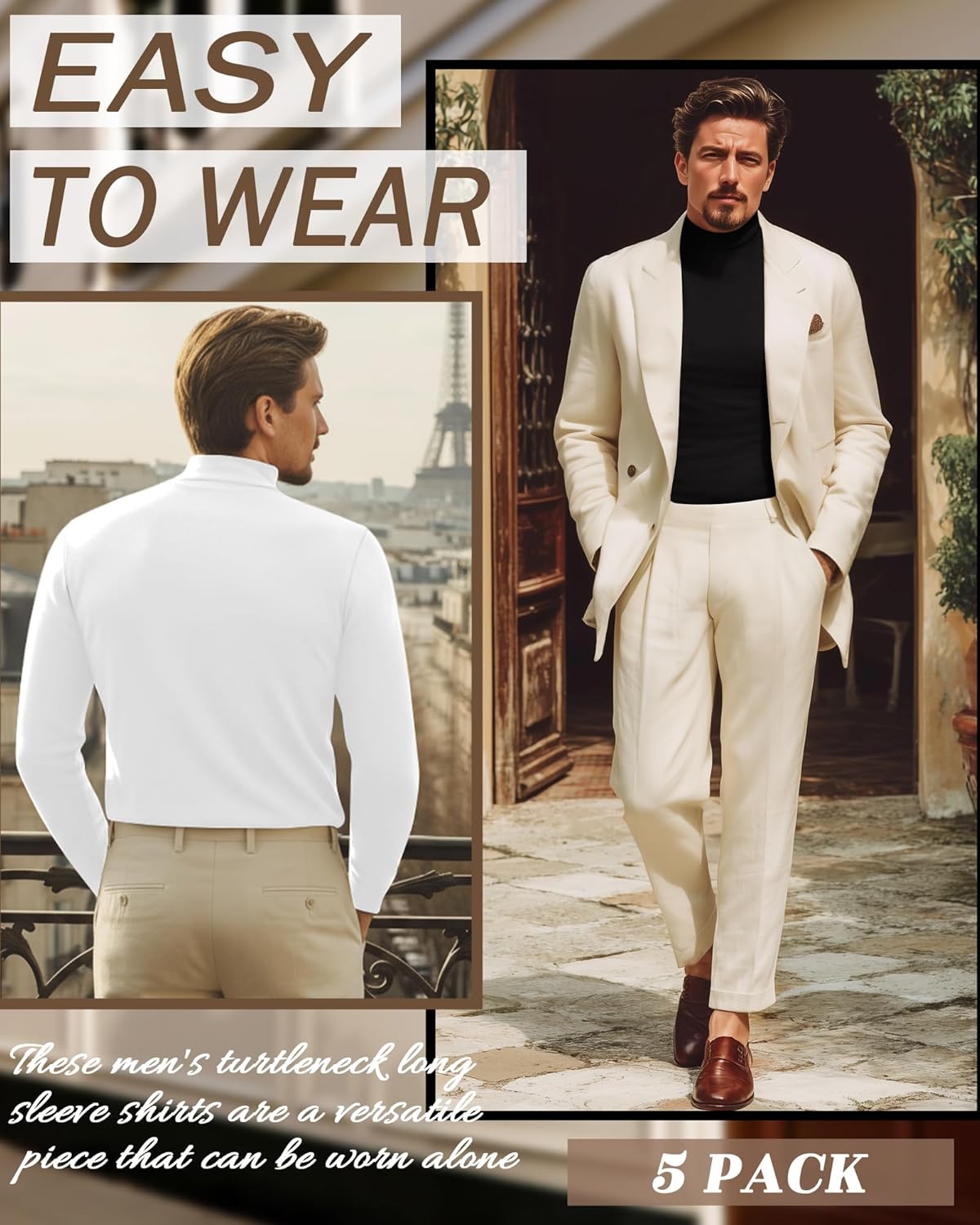 5 Pack Men's Mock Turtleneck Shirts, Long Sleeve Tops Pullover Basic Casual Slim Fit Lightweight T-Shirts Pack - Image 2