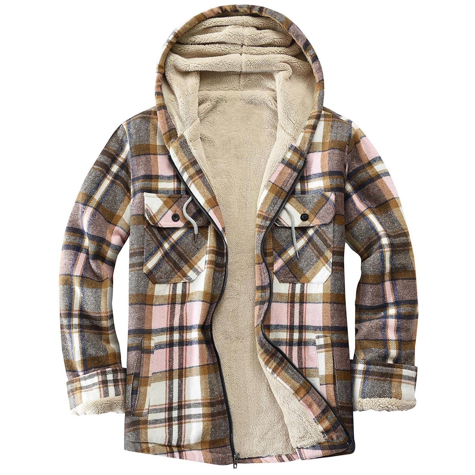 Generisch Flanellhemd Damen mit Kapuze Fleecejacke Zipper Kapuzenjacke Bequem Fleece Jacke Winter Warm Plüschjacke Kuscheljacke Winterjacke Mit Taschen