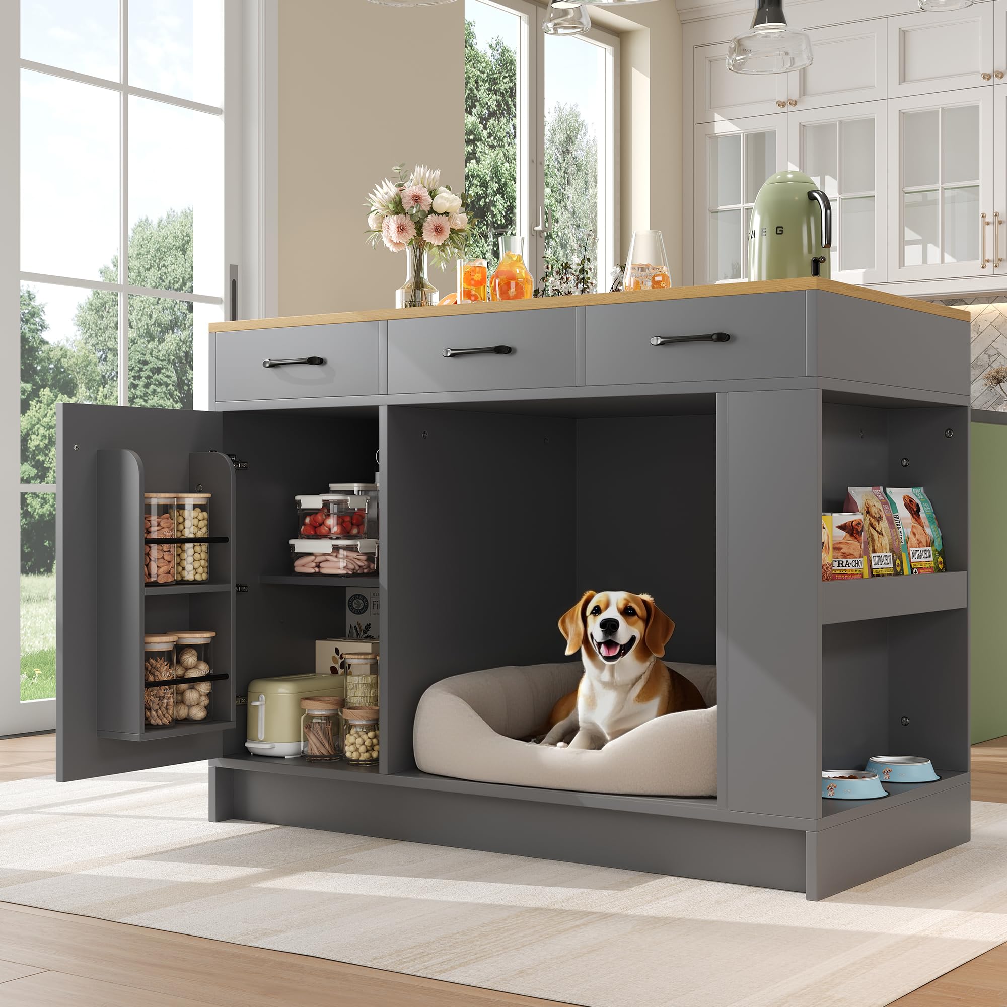 Isola da cucina, armadio con 3 cassetti, 1 ripiano per le spezie, ripiano regolabile, doppio ripiano (senza piatto per cibo per cani), ampio spazio per la conservazione degli animali domestici (senza