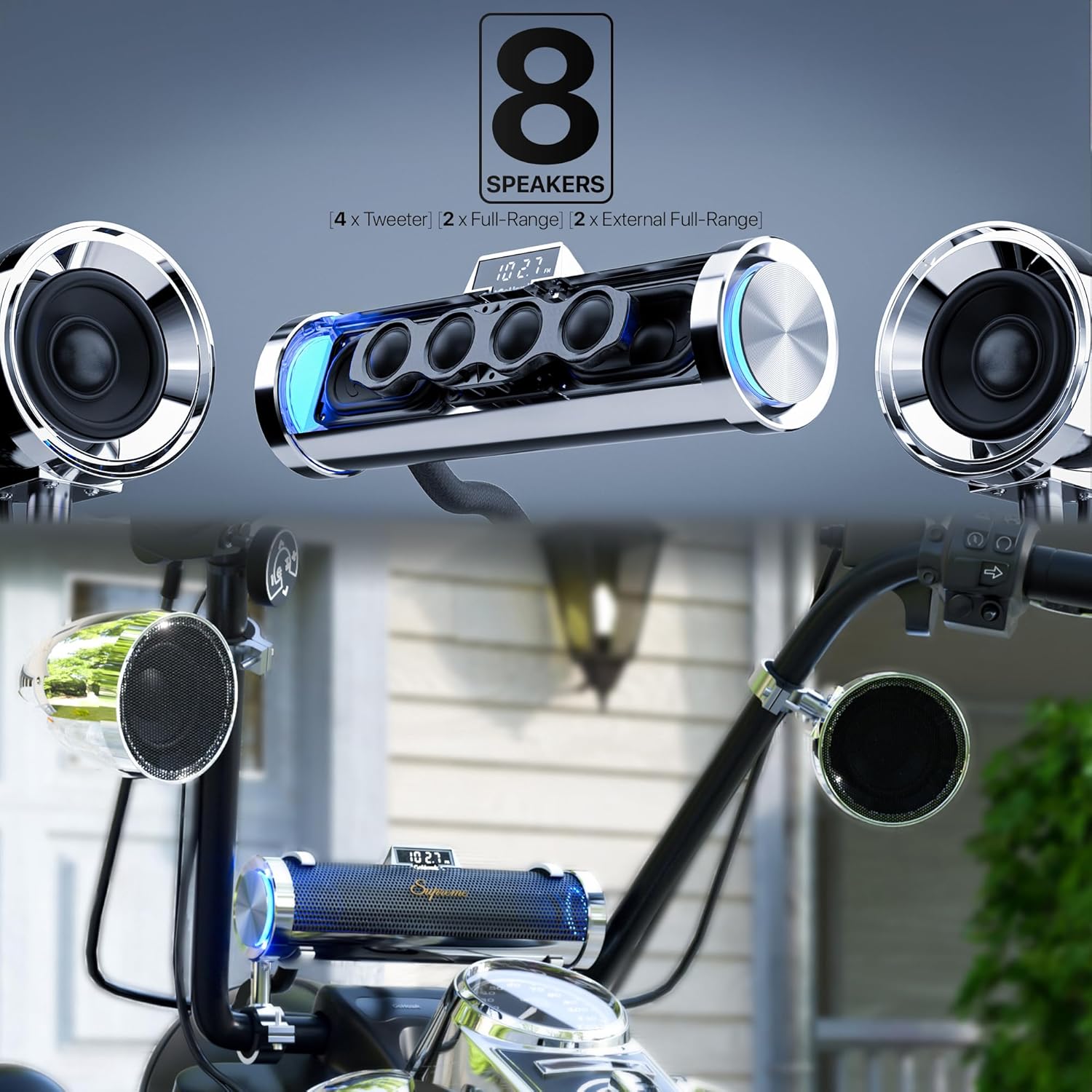 GoHawk Motorcycle Bluetooth Speakers | 8-Speaker Waterproof Stereo System w/ 4.25" External Speakers | Built-in Amplifier Aluminum Sound bar, FM Radio, USB, LED | Great for Harley, ATV, Chrome