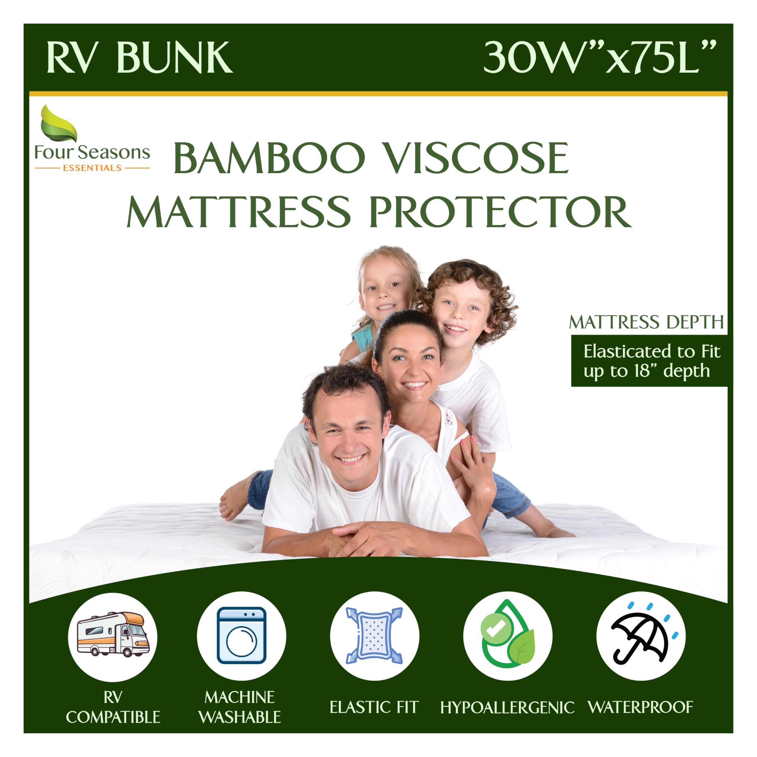 Four Seasons Essentials RV Bunk Size Waterproof Mattress Protector - Cooling Viscose derived from Bamboo Fitted Sheet Mattress Cover - Quilted Jacquard Pad Protects from Dust Allergens