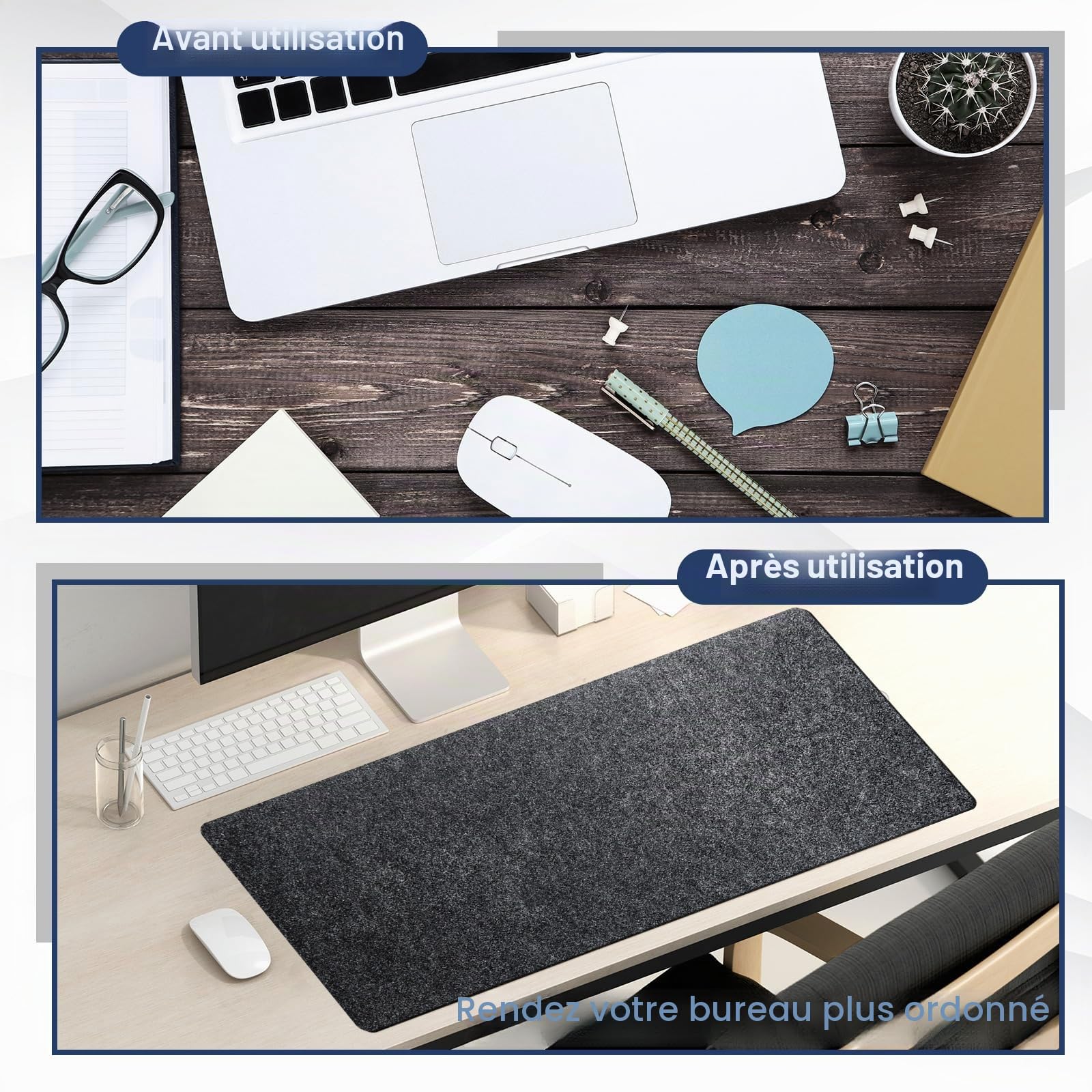 Panelee 2 Paquets 80x30 cm Grands Sous-Mains en Feutre Tapis de Bureau Antidérapants Protecteurs Ordinateur Souris Clavier Gris Foncé