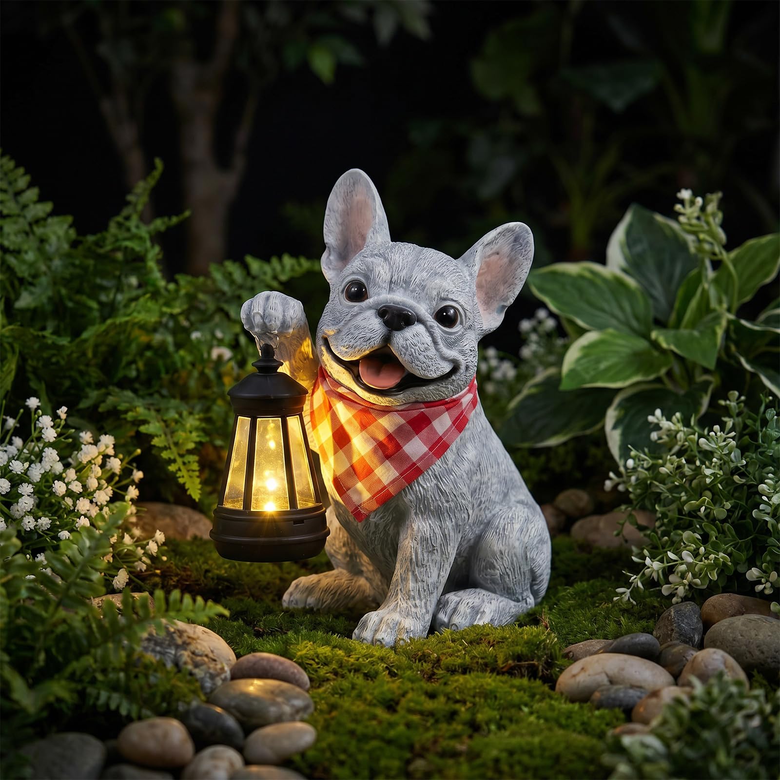 GUIJZSLTRG Solar French Bulldog Garden Ornaments with Lantern, Waterproof Outdoor Bulldog Sculpture Decor, Unique Dog Statue Gifts for Patio Yard Lawn Balcony