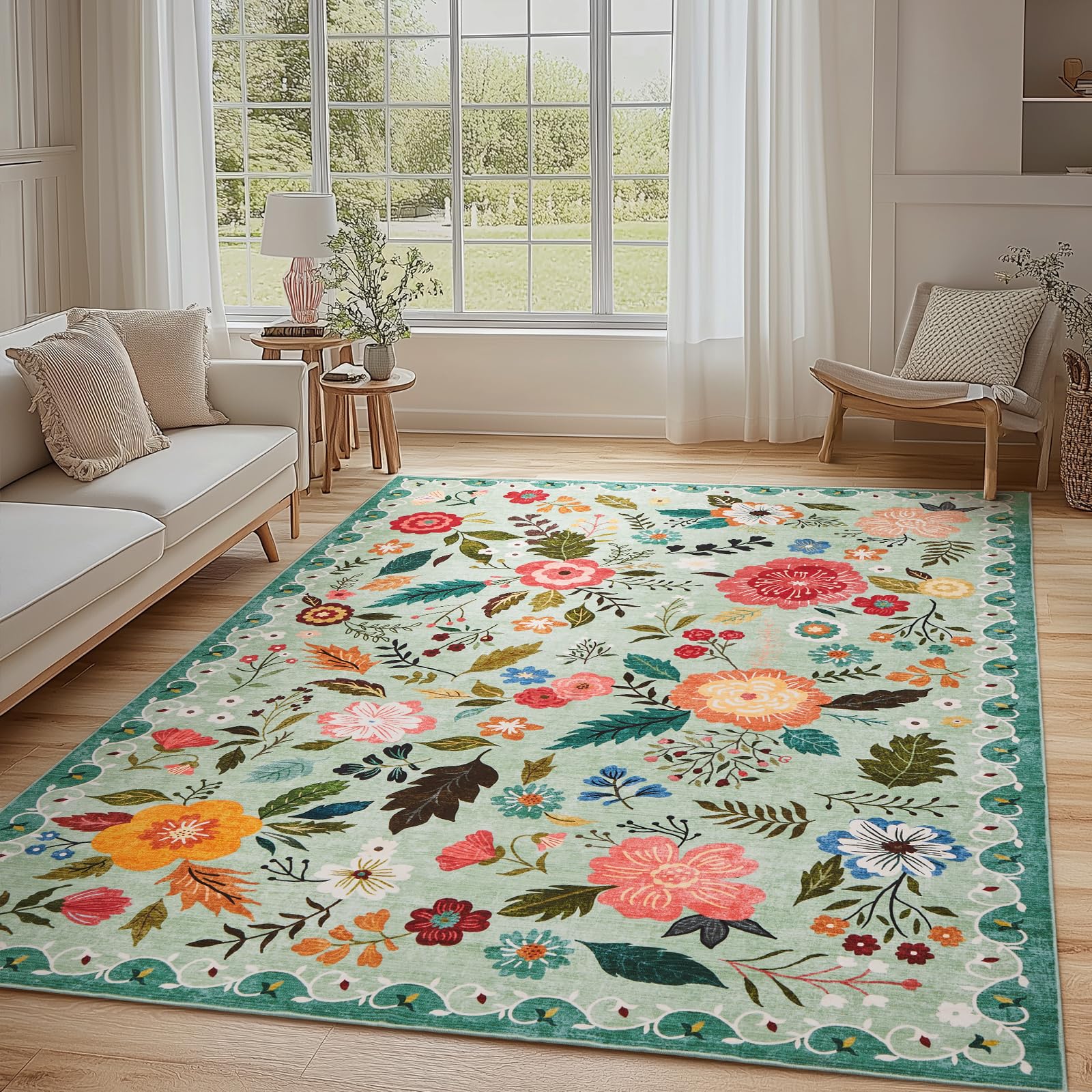 Rugs for Living Room 6x9, Ultra Thin Washable Boho Area Rug Non Slip Vintage Floral Low Pile Large Indoor Carpet for Bedroom, Nursery Farmhouse, Dining Room, Kids Playroom(Green)