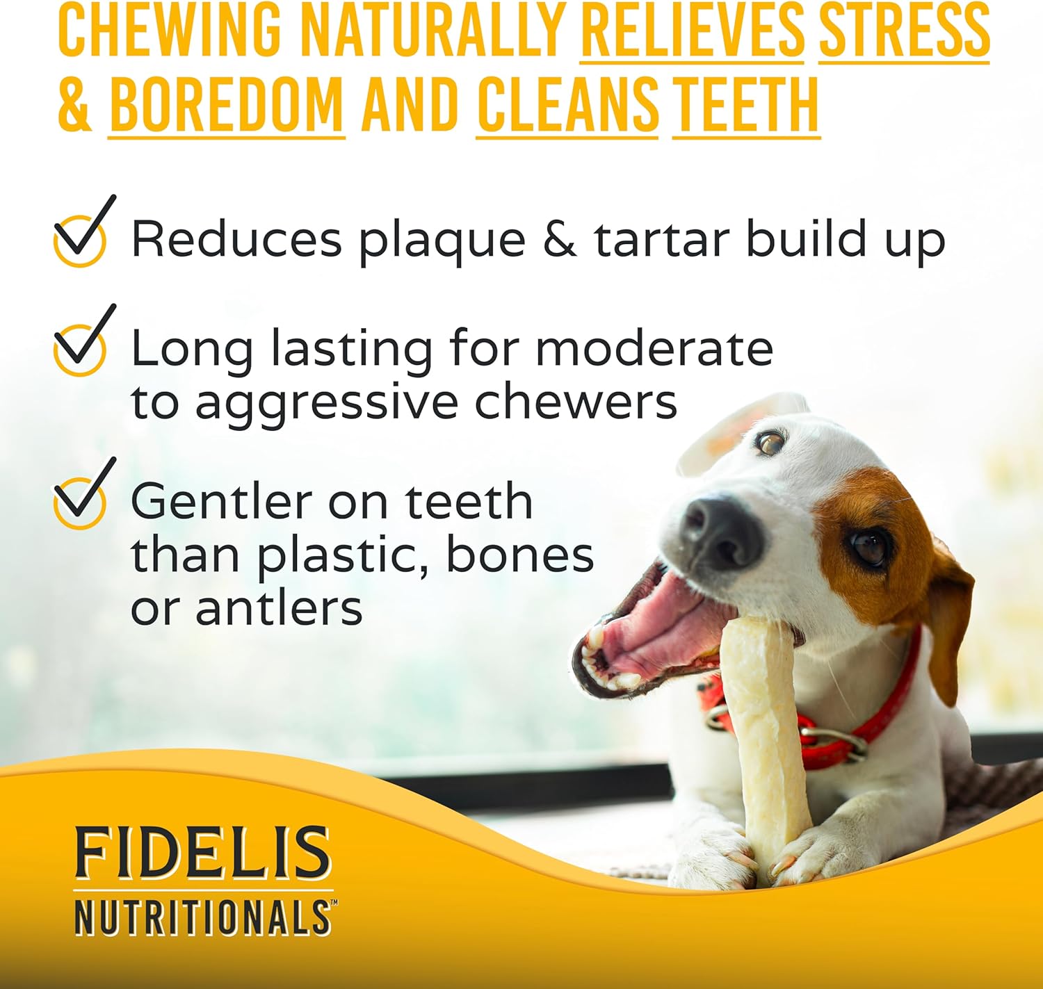 FIDELIS Rawhide Free Dog Chews Long Lasting, Treat Sticks, Dog Treats, Small & Large Dogs, Beef Collagen, Gluten Free, Grain Free, Pet Chew, Bones-Alternative, Made in USA, 4pk, Beef, 7"