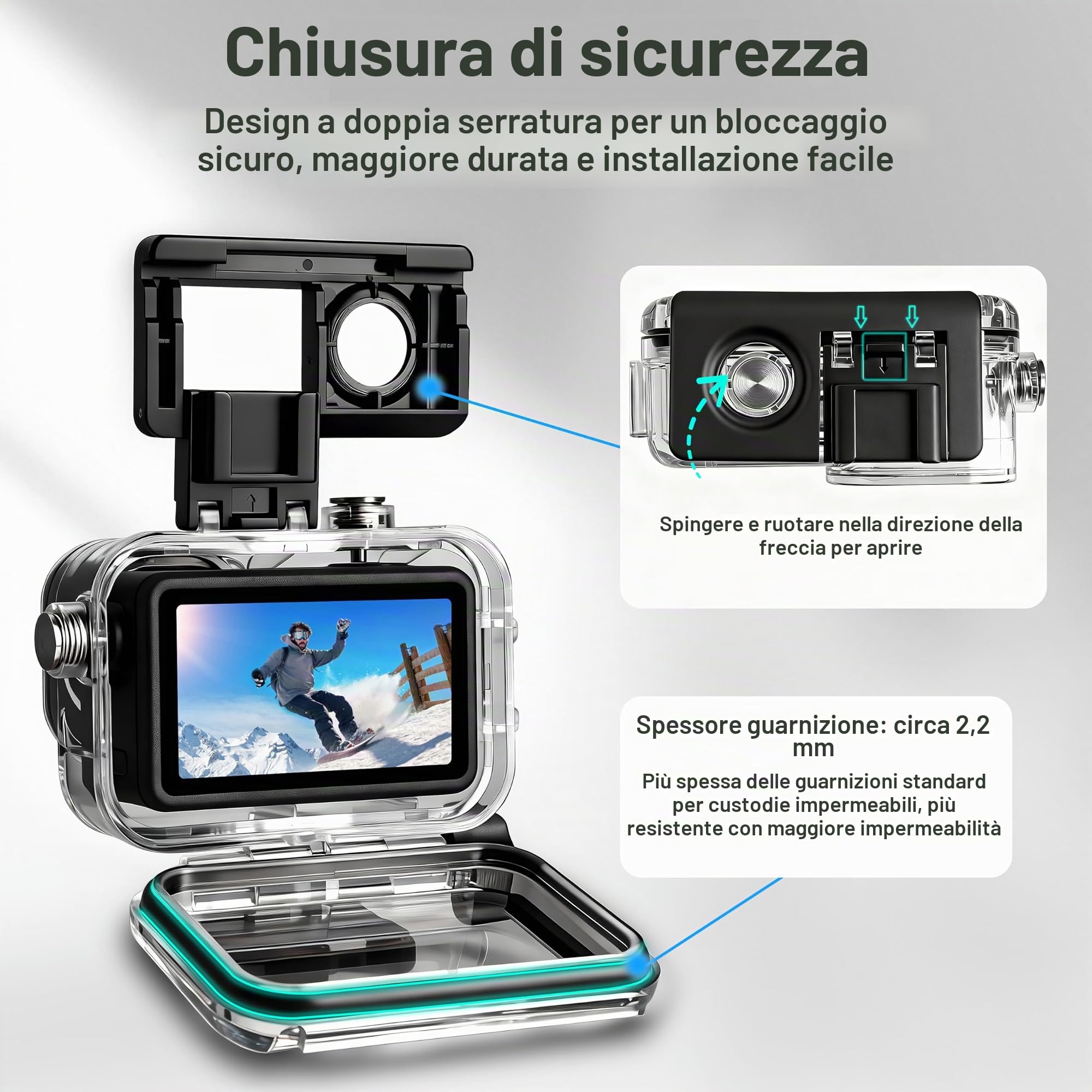 FitStill Custodia impermeabile 60 m per DJI Osmo Action 6, design a doppia scarpa fredda, anello di tenuta ispessito, lente in vetro ottico, accessorio DJI Osmo Action 6