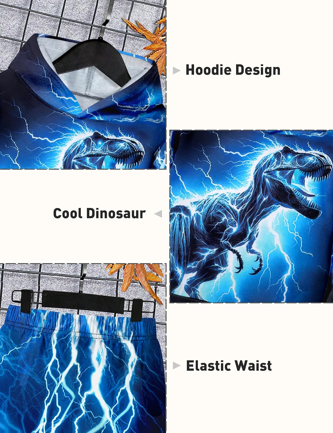 Boys Clothes, T-Rex Print Dinosaur Boy Clothes Fall Winter Outfits Long-sleeved Hooded Sweatshirt Pants 2Pcs Set