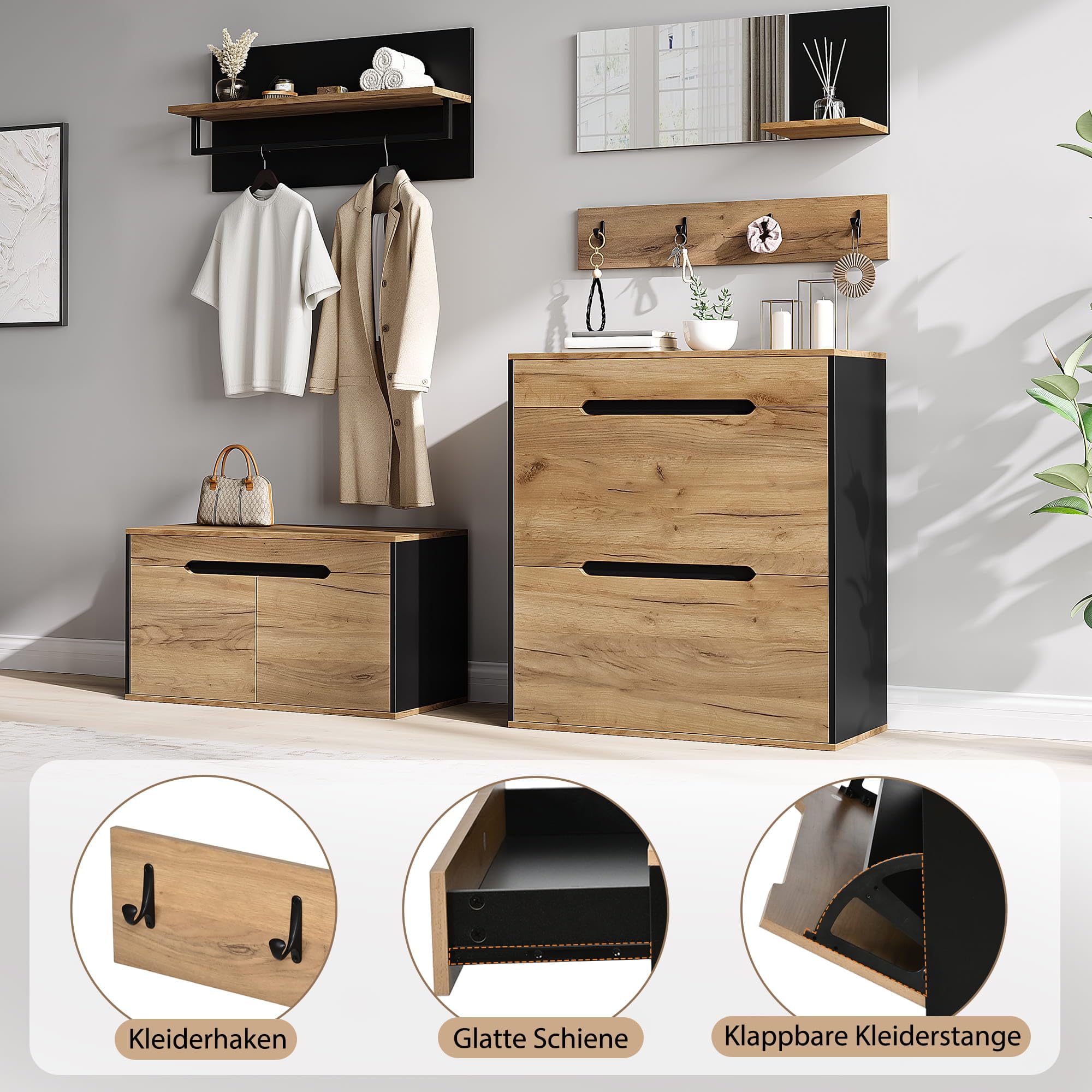 Garderobe Set Garderobenschrank mit Spiegel, Holzfarbe, 156x36x176 cm
