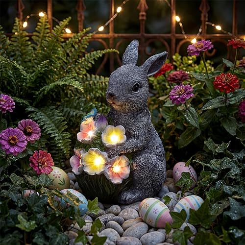PETAFLOP Solar Garden Statues Outdoor Decor, Rabbit Figurines with Flowers for Patio Balcony Lawn Yard Decorations, Birthday Housewarming Gifts for Women Mom Grandma
