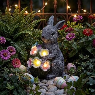 PETAFLOP Solar Garden Statues Outdoor Decor, Rabbit Figurines with Flowers for Patio Balcony Lawn Yard Decorations, Birthday Housewarming Gifts for Women Mom Grandma