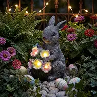 PETAFLOP Solar Garden Statues Outdoor Decor, Rabbit Figurines with Flowers for Patio Balcony Lawn Yard Decorations, Birthday Housewarming Gifts for Women Mom Grandma