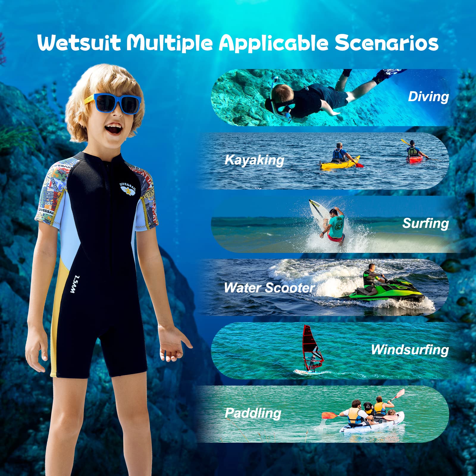 Muta Sub Bambini Yikayin 2,5 Mm Neoprene – Intera O Shorty Per Nuoto, Snorkeling, Surf, Chiusura YKK Anteriore