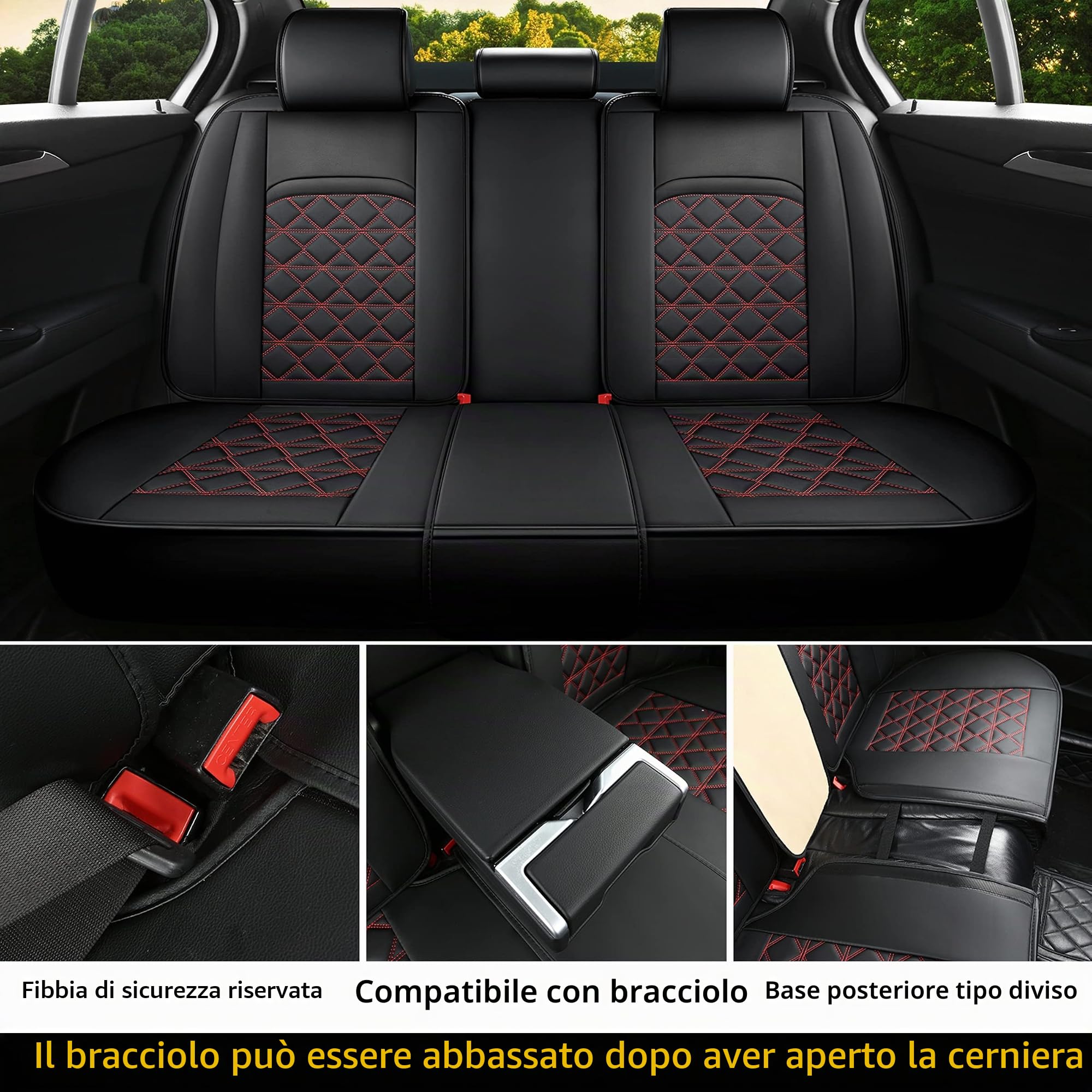 Coprisedili Auto In Pelle Set Completo, Coprisedili Auto In Pelle Universale,Coprisedili Auto Per La Maggior Parte Delle Berline, Suv (Set Di 5 Pezzi) (Nero rosso, Set Completo)