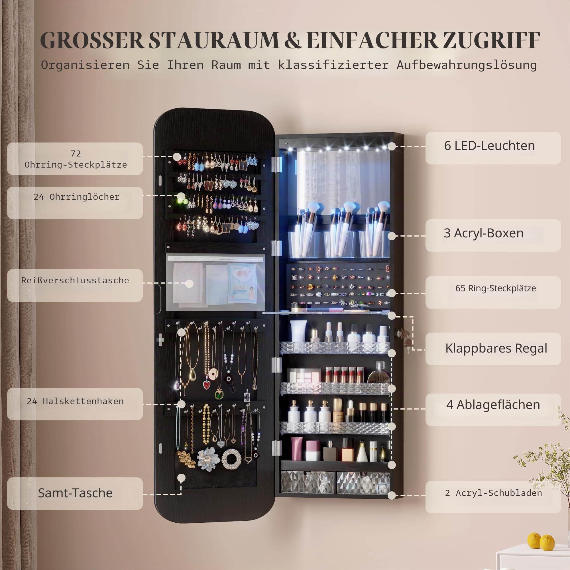 Vlsrka LED Ovaler Schmuckschrank Hängend, Türspiegel/Wandspiegel Schmuckschränk, Schmuckschrank mit Spiegel & Beleuchtung, Schmuckspielgelschrank Holz Abschließbarer, Gewölbter Spiegelschrank, Schwarz