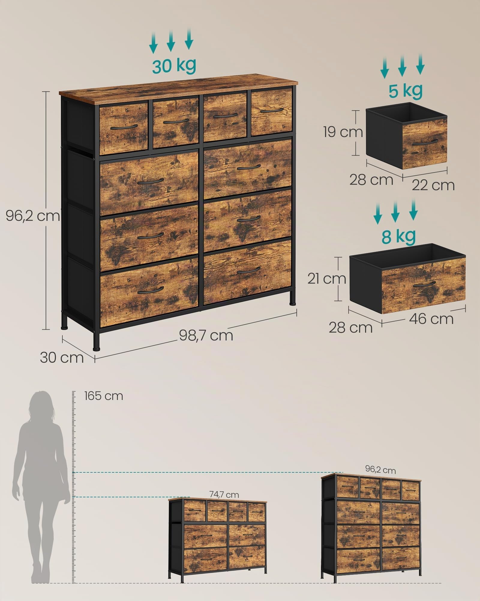 SONGMICS Kommode mit 10 Stoffschubladen, Schubladenschrank mit Metallgestell, Aufbewahrungsschrank, 98,7 x 30 x 96,2 cm, für Schlafzimmer und Flur, Rustikales Braun, BELLAH Kollektion LGS236K101