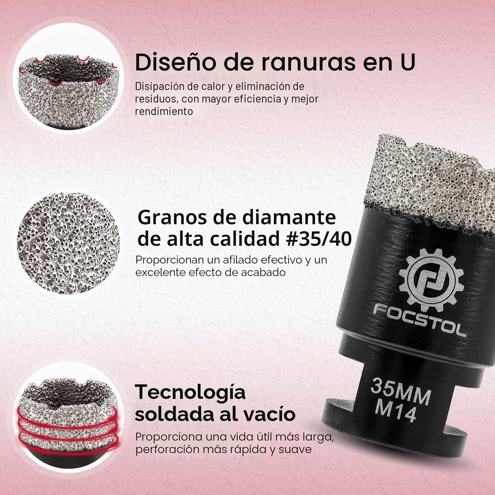 FOCSTOL Broca Diamante Porcelanico - 4 piezas (20/25/35/50mm) Corona Diamante Porcelanico para Azulejos Marmol Ceramica M14 Rosca