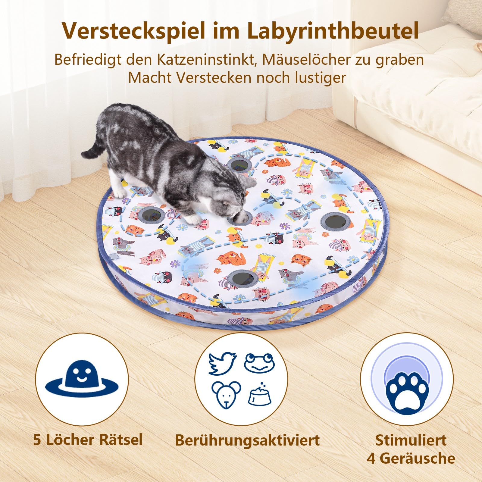 GoldenSun Juguete para Gatos, Bola Móvil Activada por el Movimiento, Color Azul, Juego de 5 Agujeros para Esconder Gatos en Interiores