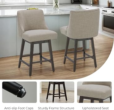 CHITA Counter Height Swivel Bar Stools Set of 2, FSC Certified Upholstered Counter Stools, Modern Swivel Barstools with Wood Legs for Kitchen Island, 26 Seat Height, Fabric in Tan