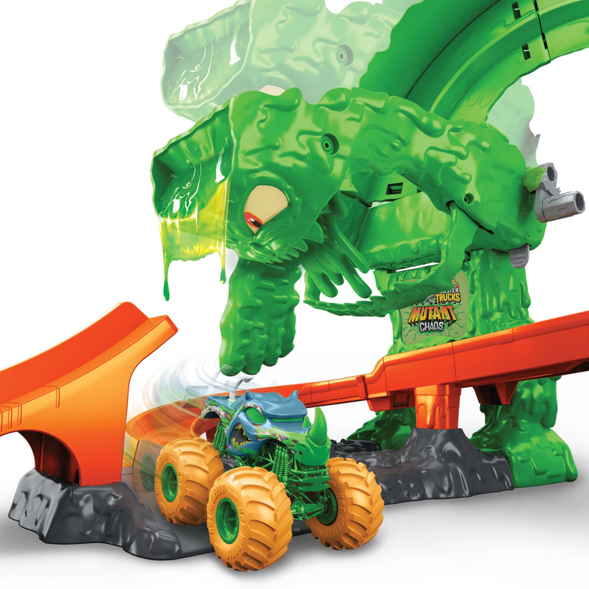 Hot Wheels Monster Trucks Mutant Monster Takedown Playset | Playset con modello camion con Mutant Rhinomite in scala 1:64 e 113,4 g di Slime™ riutilizzabile, JMK90