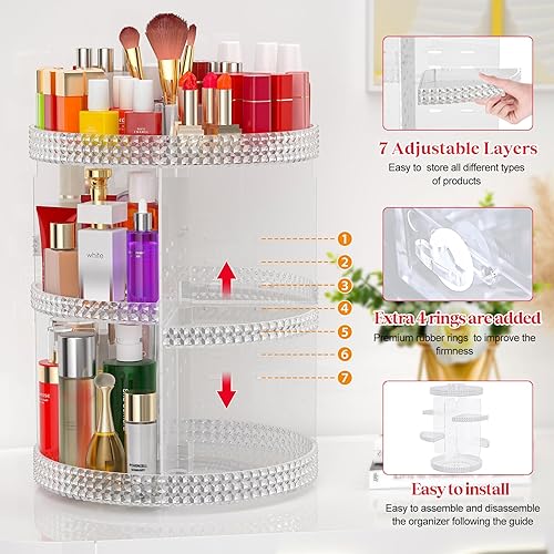 Miniatura 5 de Awenia Organizador de maquillaje giratorio de 360 grados, almacenamiento ajustable de maquillaje, 7 bandejas de gran capacidad, unidad de