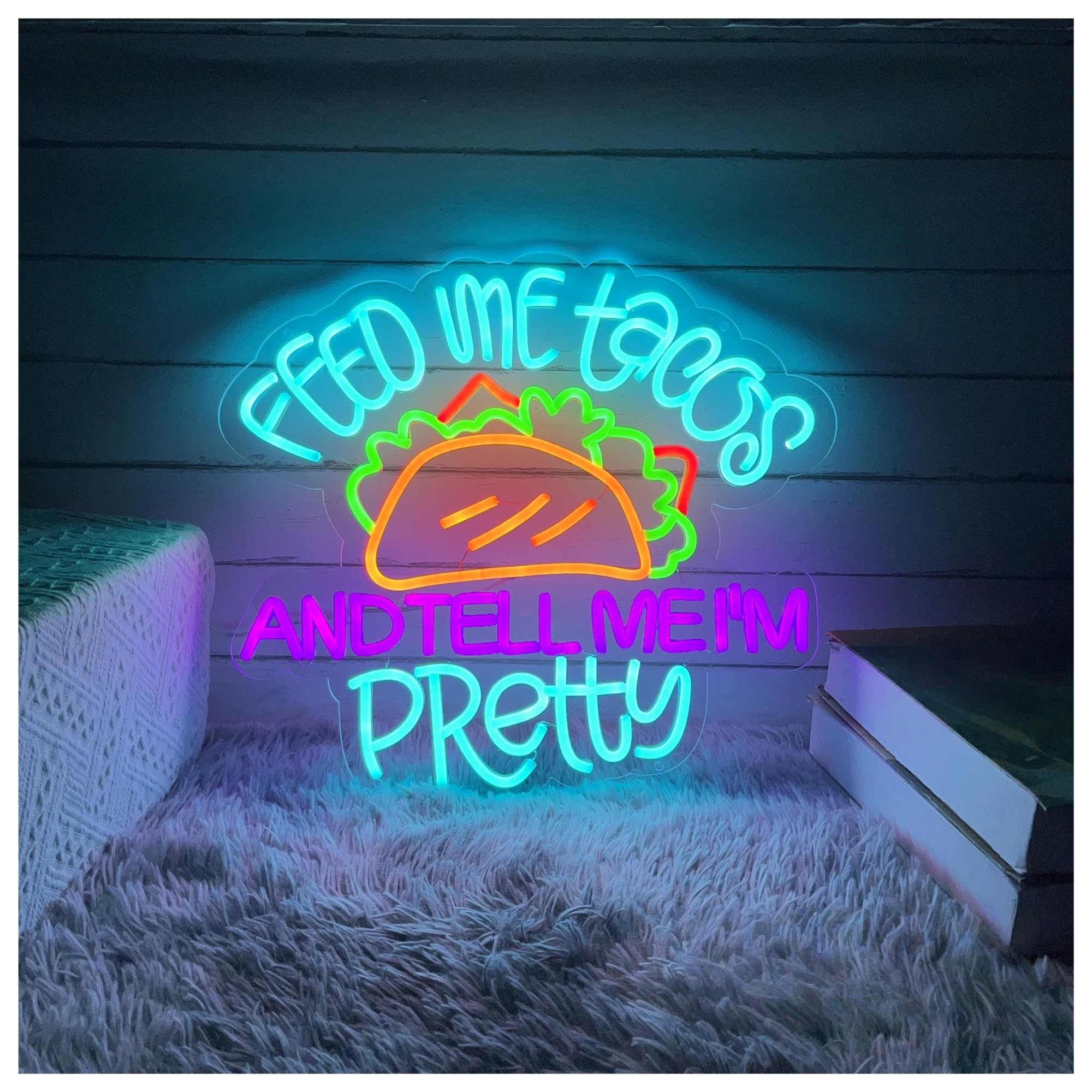 SHOUXI Sign Lamp Feed Me Tacos and Tell I'm Pretty Neon Sign, Taco Party Fast Food Light Home Wall Decor 49cmx55cm(B)
