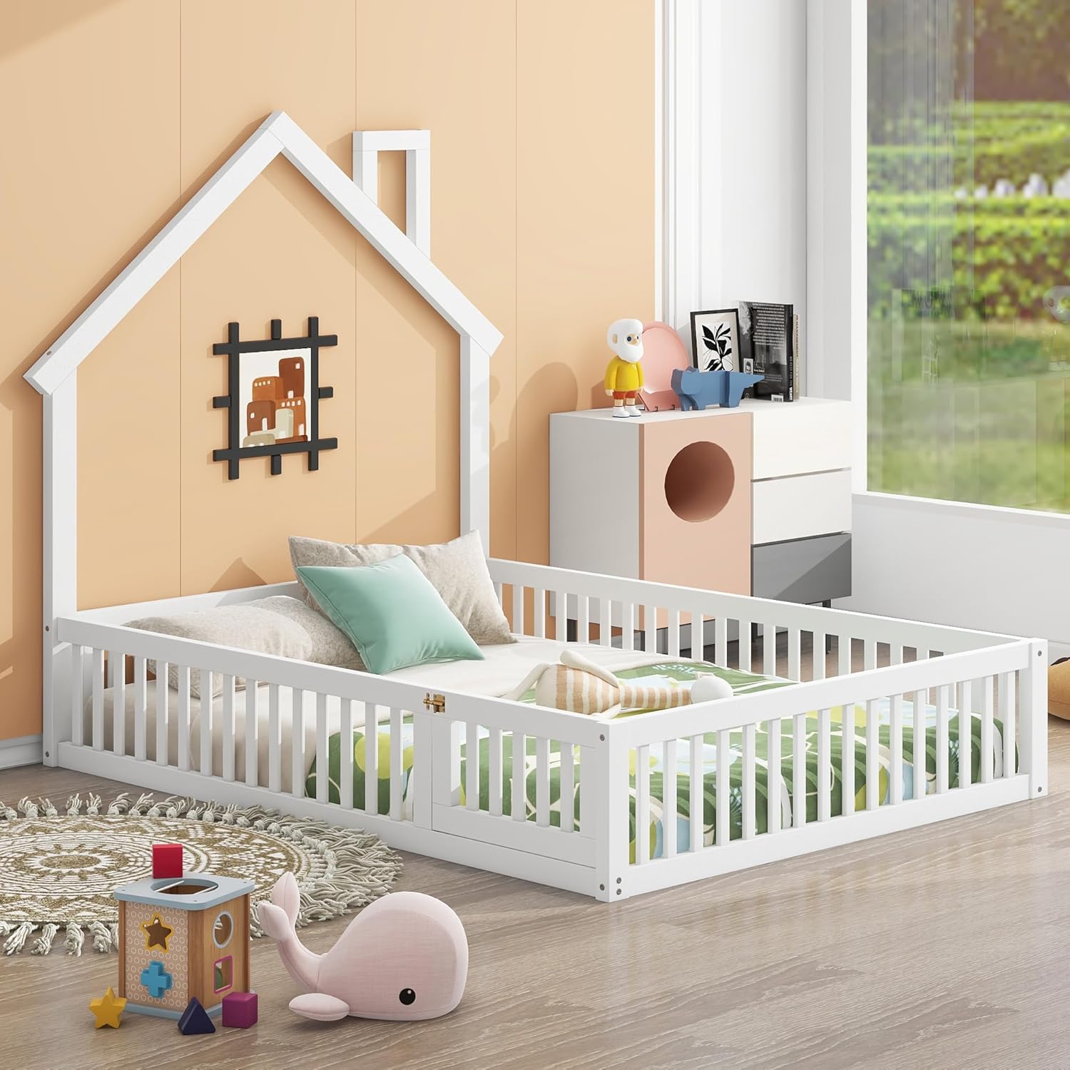 HZXINKEDZSW Rustic Full Size Wood House Platform Bed with