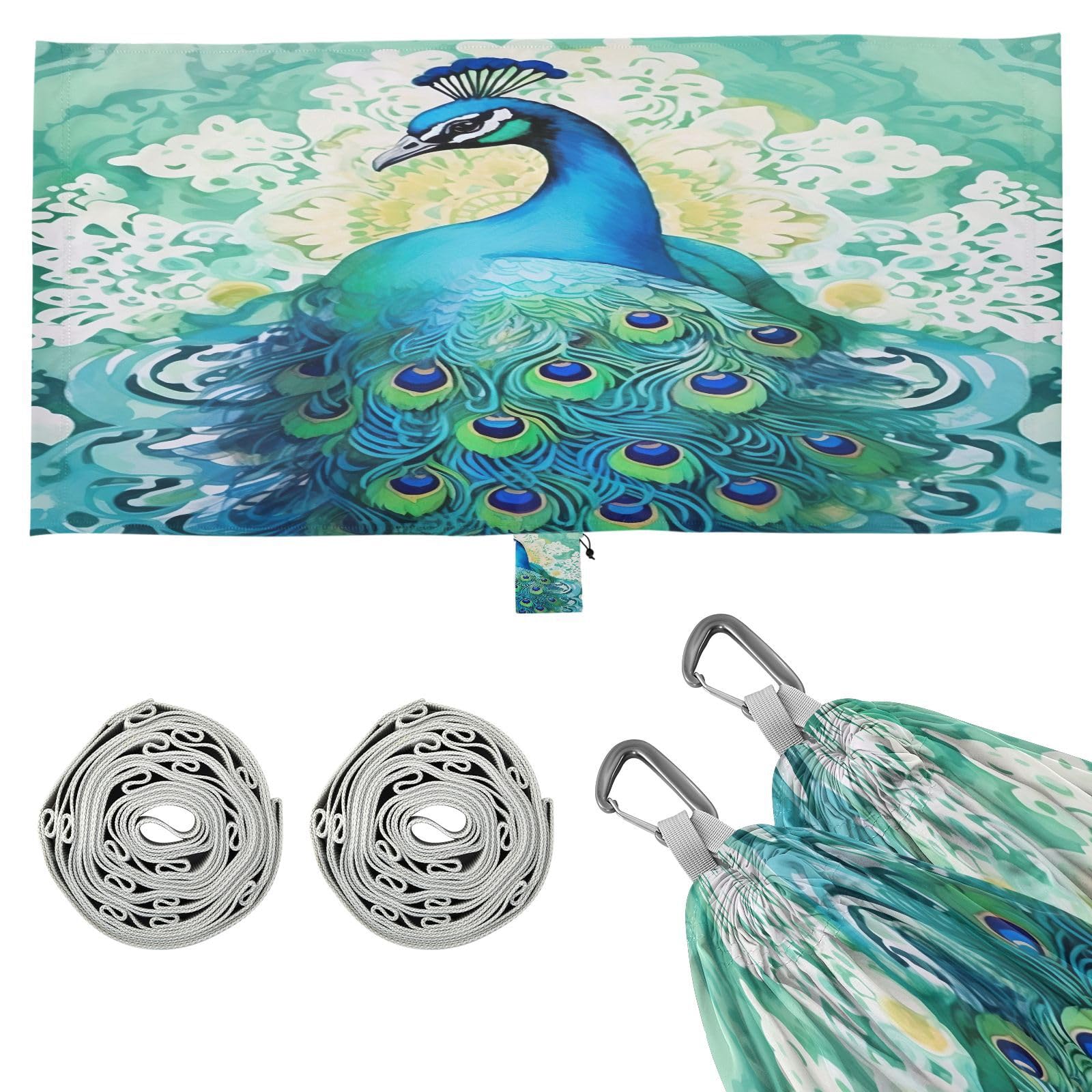 SDMKA Colorful Peacock Camping Hammock, 330 lbs with 2 Tree Straps, Carry Bag, Single Portable Hammock for Outdoor/Indoor, Hiking, Beach, Backpacking, Travel