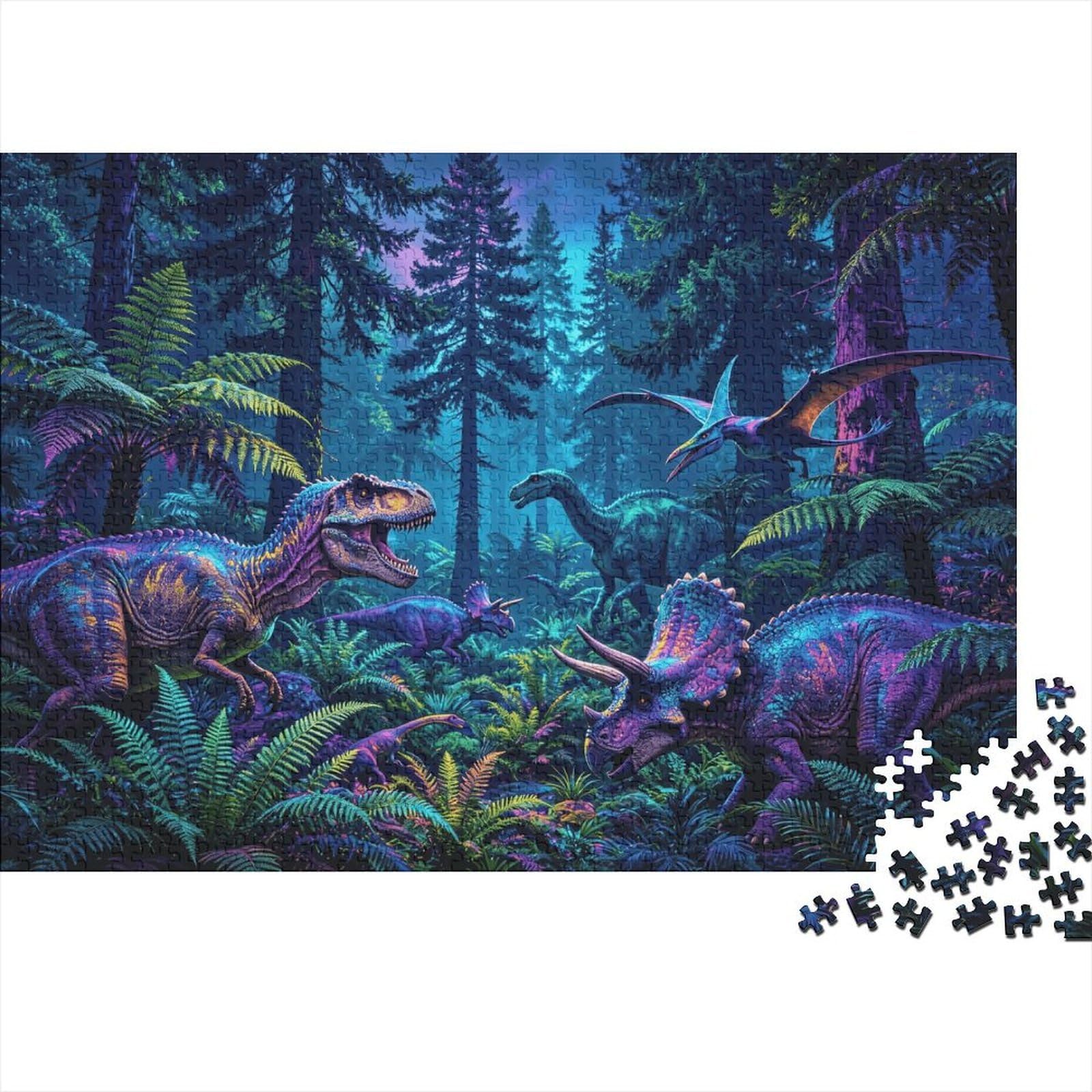 Jurassic Night Forest Jigsaw Puzzle 1000 Pieces Recycled Paper Dinosaurs Jigsaw Puzzles Educational Game Challenge Fun Family Game for Adults And Age 10 38x26cm/1000pcs