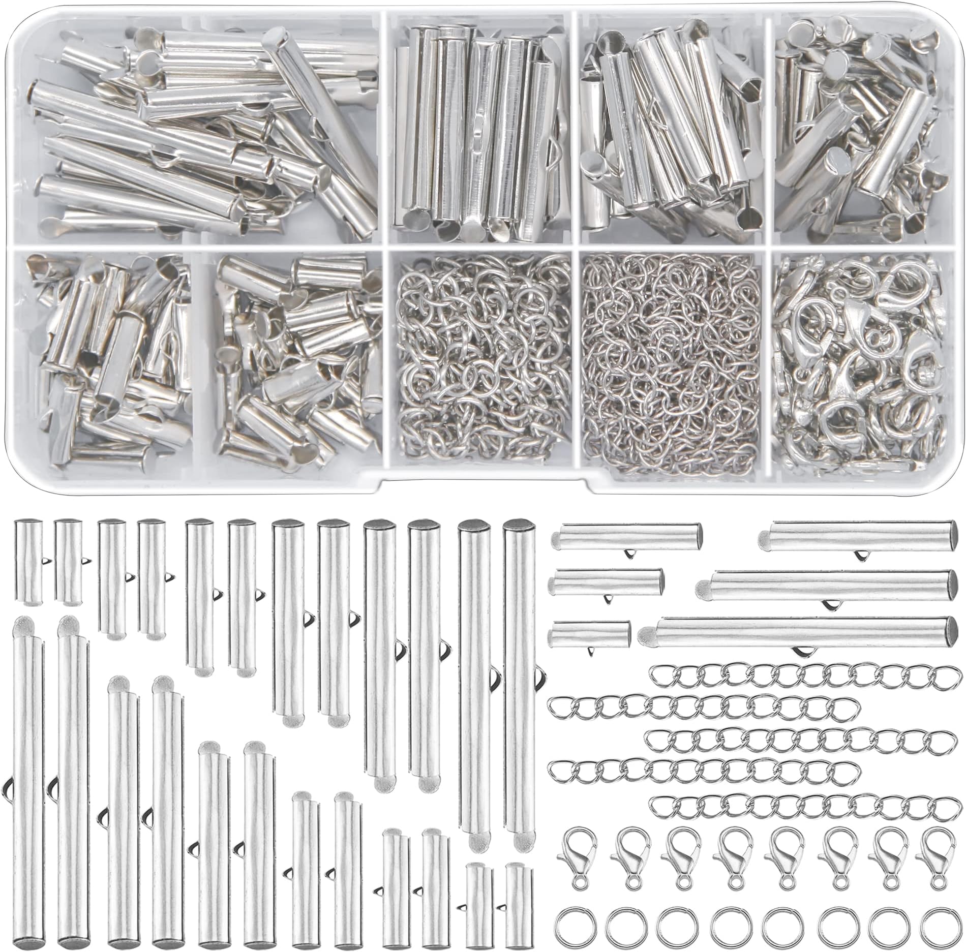 EuTengHao All Size Slider Clasp for Beading Slide Tube Cord Ends with Open Jump Ring Lobster Clasp Chain Extender Jewelry Finding Kit for Beading Necklace Bracelet Jewelry Making (6 Sizes, Silver)