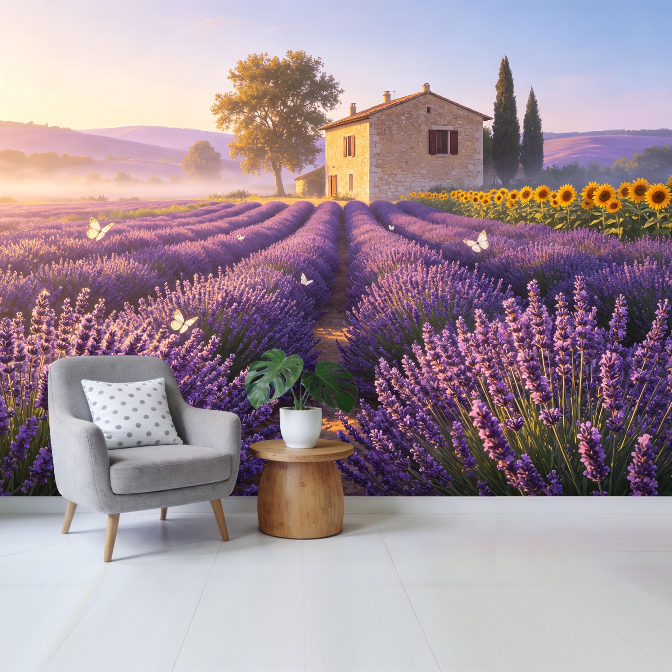 Custom Size Wall Mural Tuscany Lavender Field and Sunflower Farmhouse Landscape Removable Self Adhesive Fabric，Home Wall Decor for Living Room Bedroom Bathroom