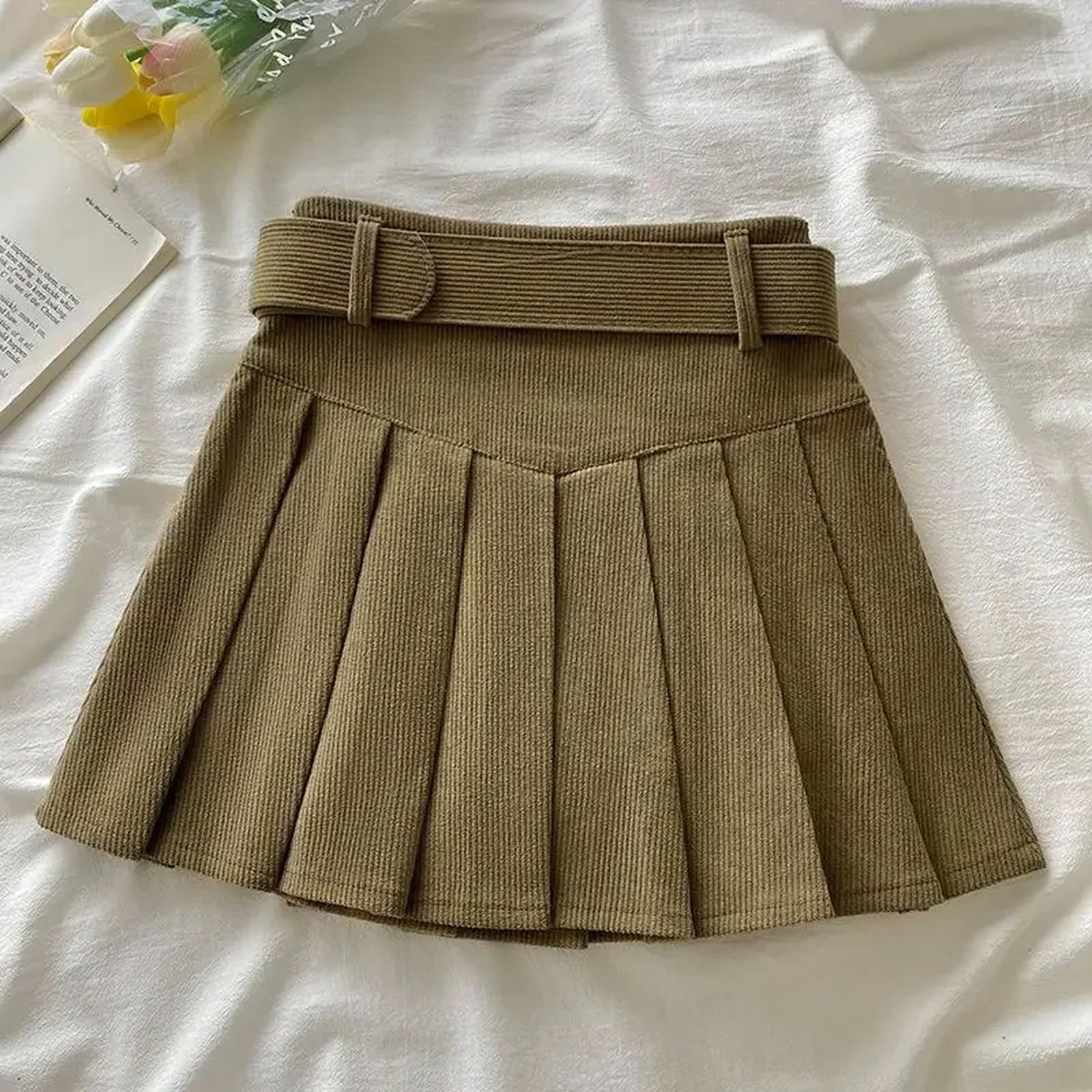Mdybf Spódnice damskie, plisowane mini spódnice damskie, studenckie, sztruks, styl preppy, jesień, zima, solidne spodnie, szykowne, vintage, dopasowane, na wszystkie mecze