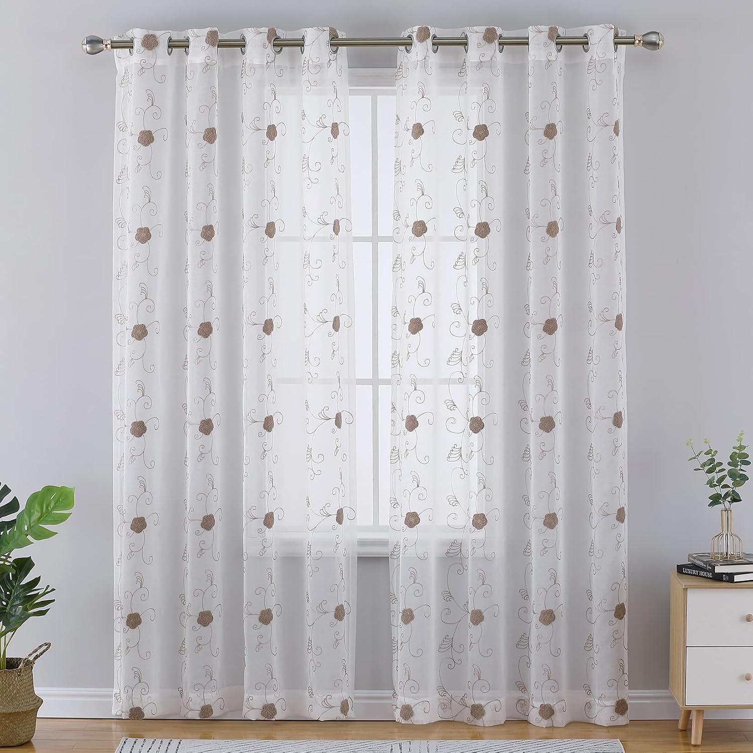 CAROMIO Semi Sheer Curtains 84 Inches Long 2 Panels, Floral Embroidered Half Translucent Grommet Voile Drapes Farmhouse Window Treatments Decor for Living Room, Bedroom, Brown, 52" W x 84" L