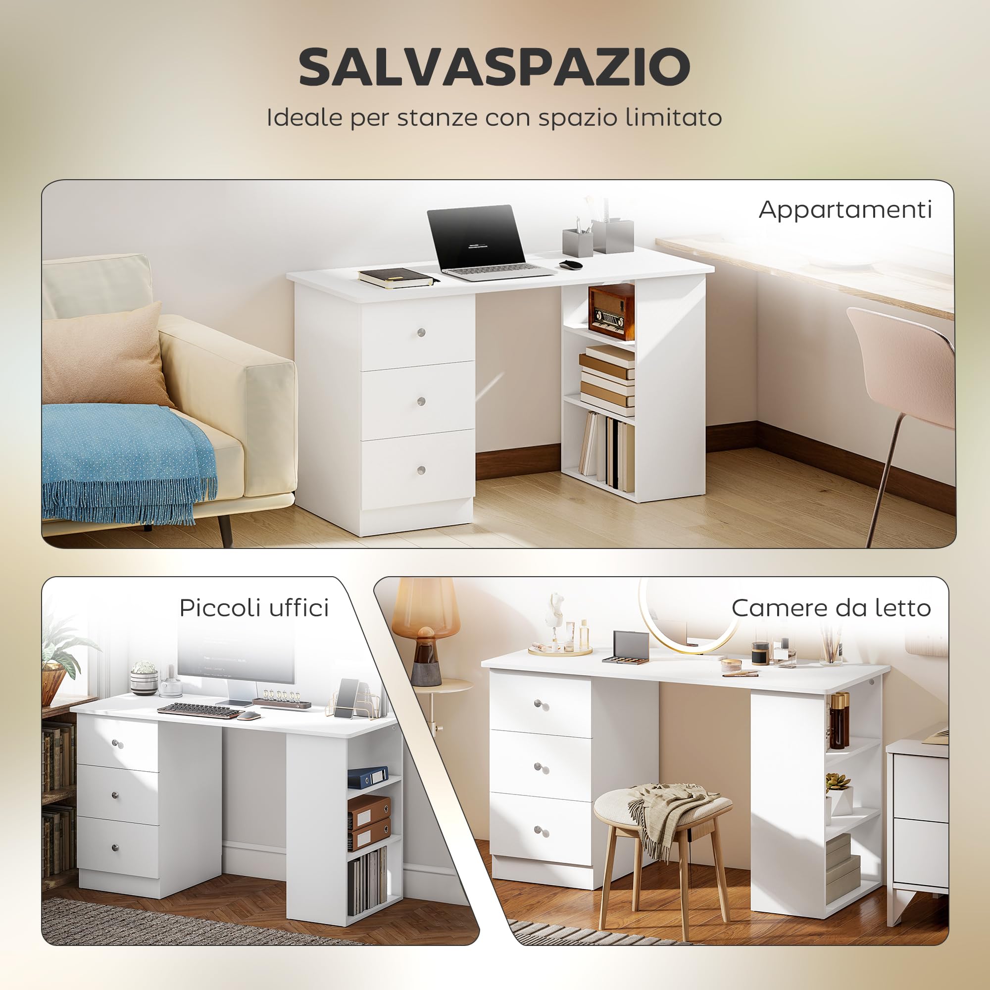 HOMCOM Scrivania Porta PC per Camera con Cassettiera 120x49x72cm Bianco | per Ufficio, Ripiani Portaoggetti, in Legno